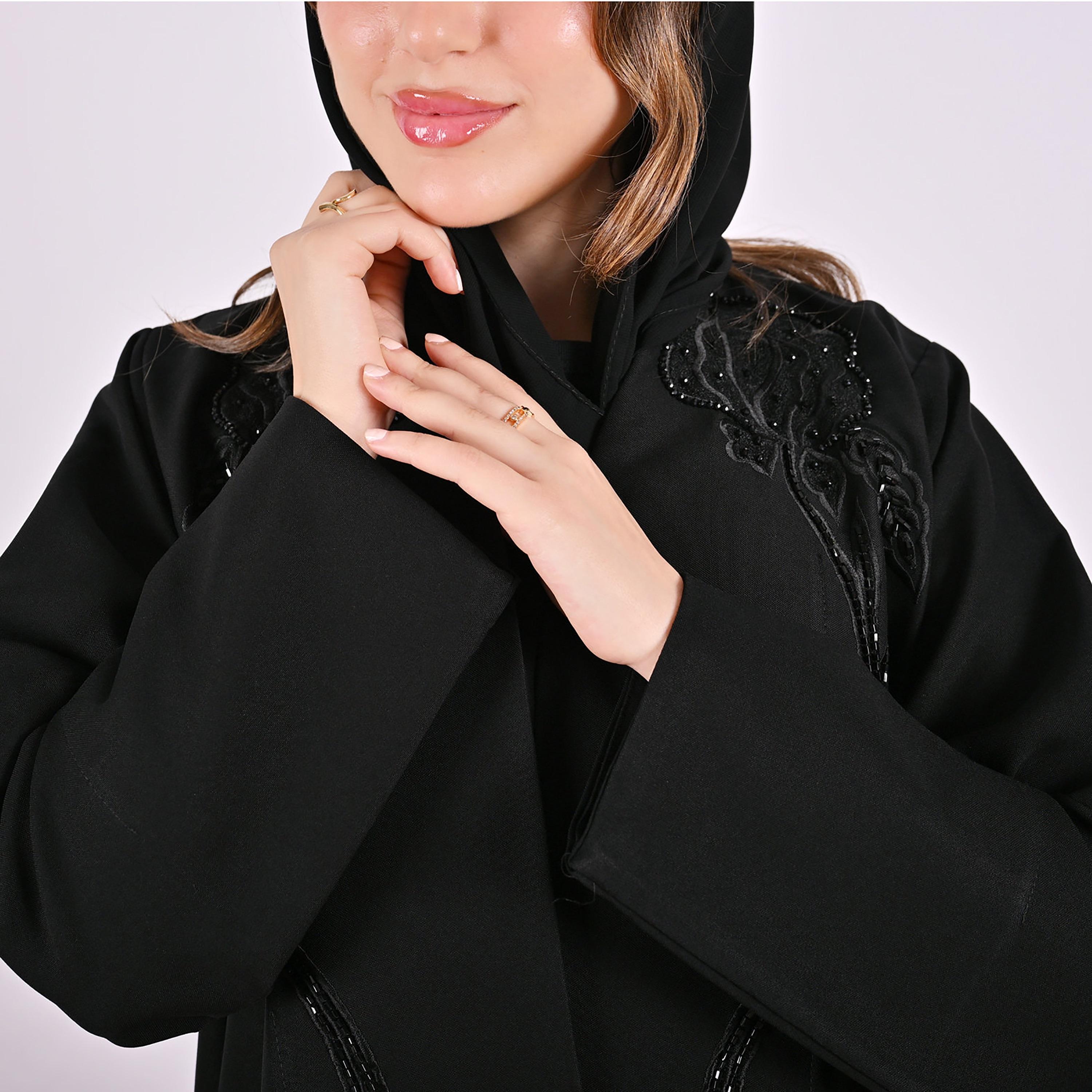 Hawraa Black Floral Embroidered Linen Women's Abaya with Hijab-women-arabicclothing-abayas-image-8