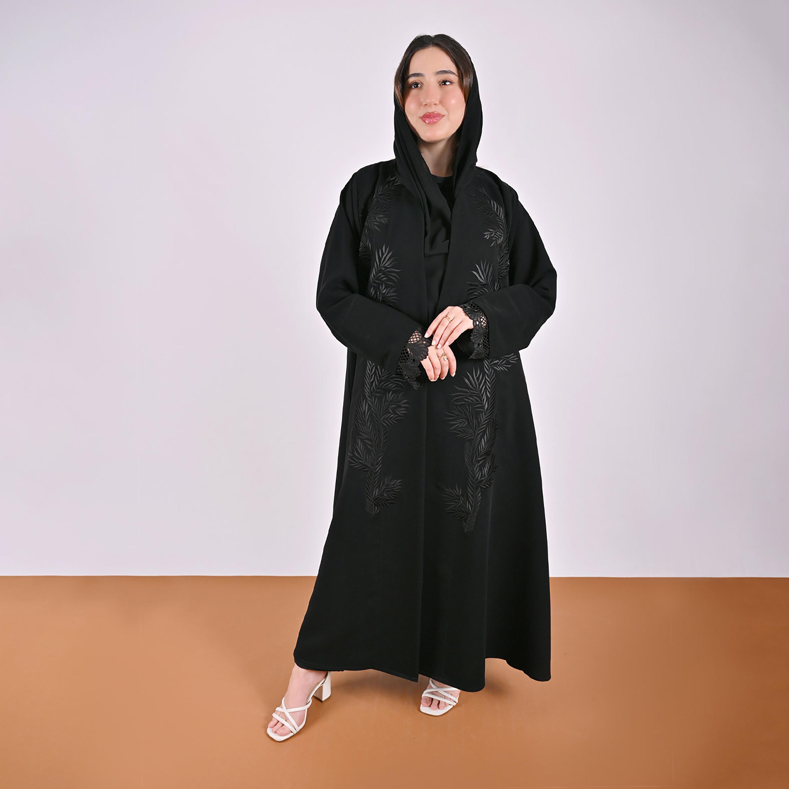 Hawraa Black Leaf Embroidered Wide Cuff Sleeves Linen Women's Abaya with Hijab-women-arabicclothing-abayas-image-1
