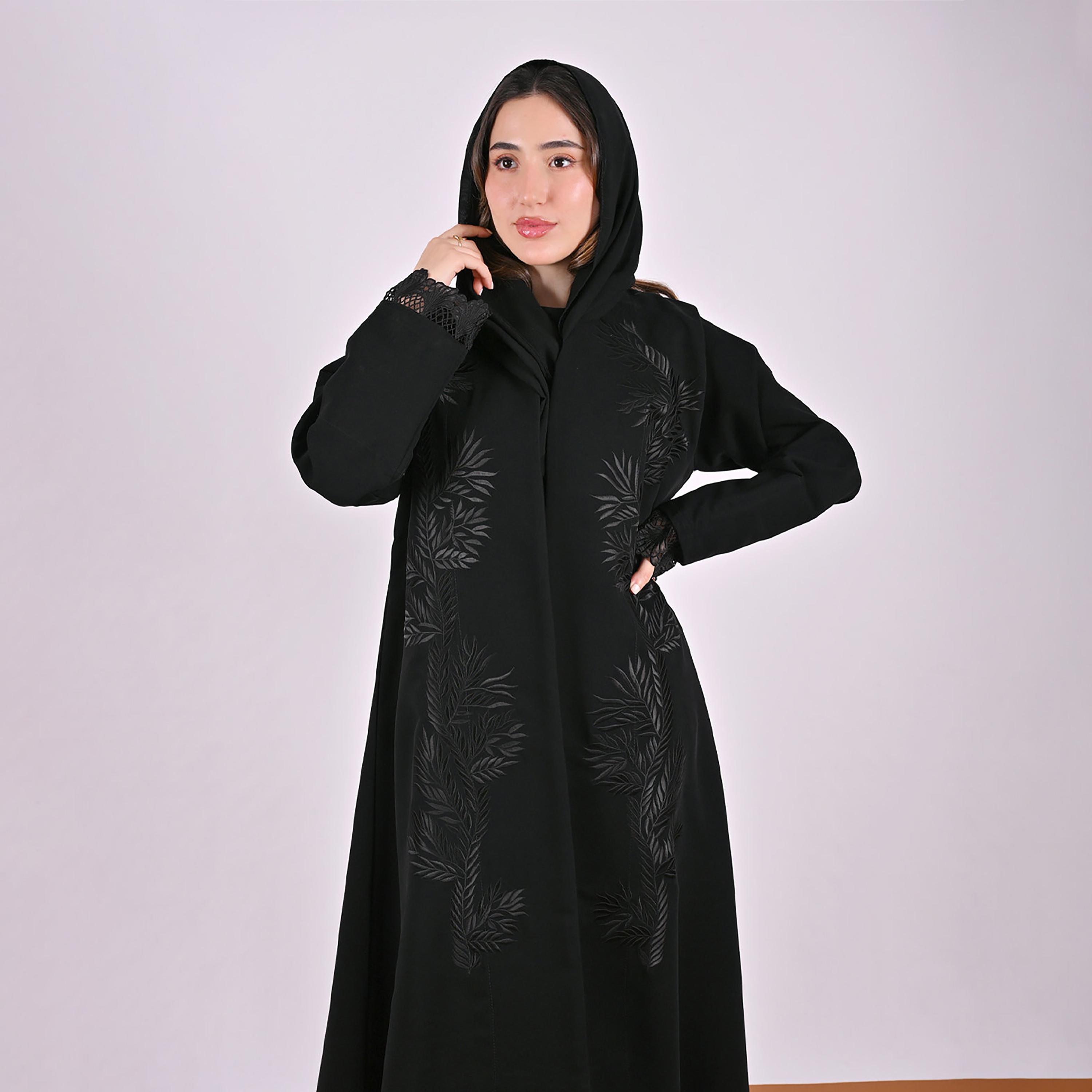 Hawraa Black Leaf Embroidered Wide Cuff Sleeves Linen Women's Abaya with Hijab-women-arabicclothing-abayas-image-2