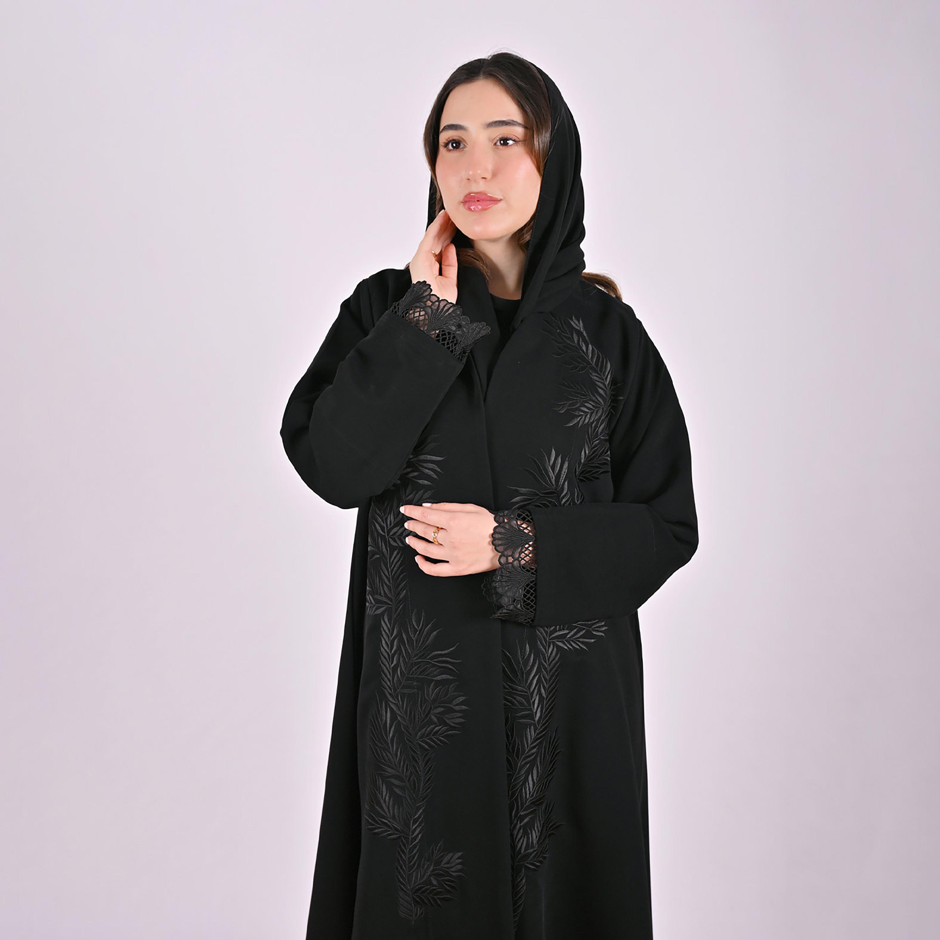 Hawraa Black Leaf Embroidered Wide Cuff Sleeves Linen Women's Abaya with Hijab-women-arabicclothing-abayas-image-3