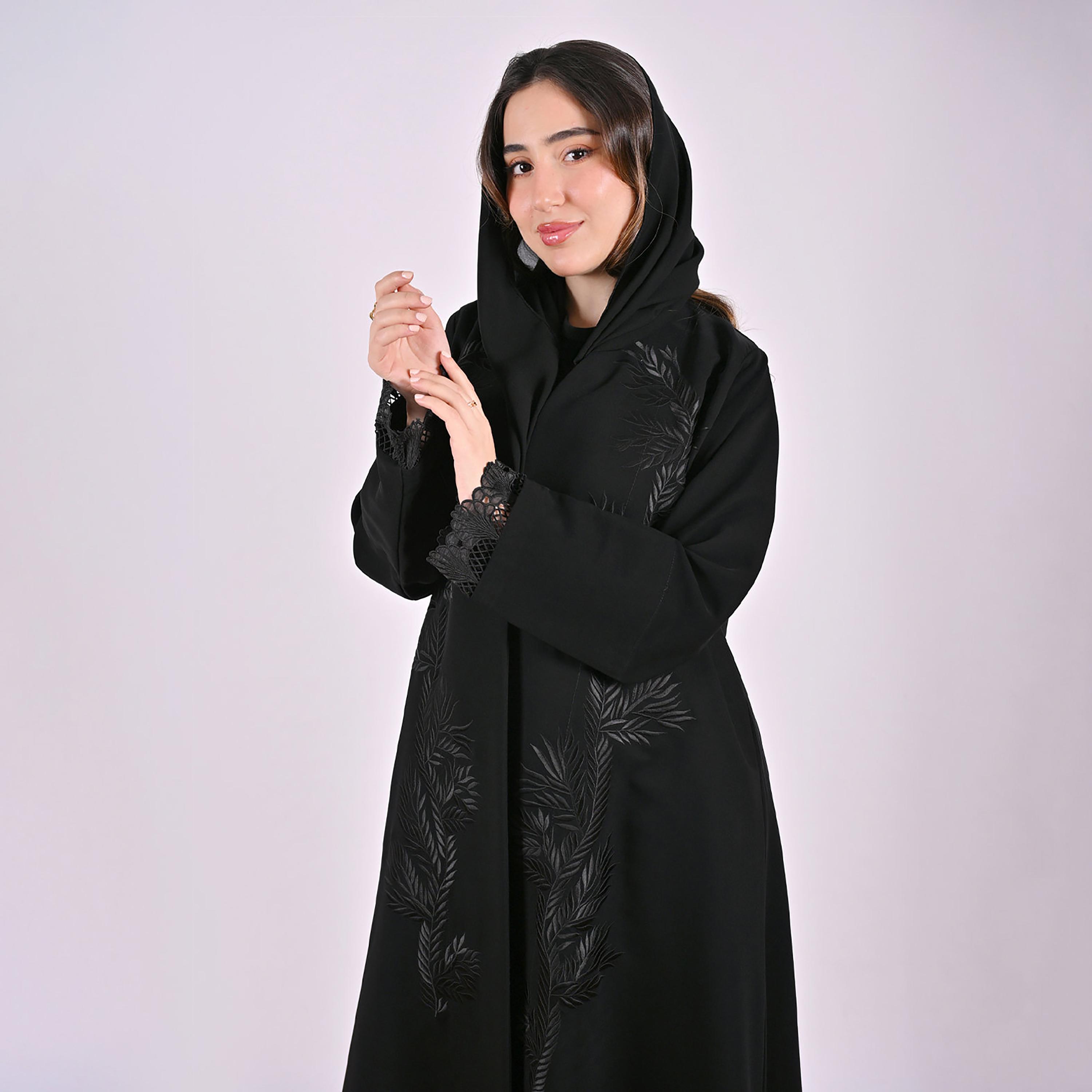 Hawraa Black Leaf Embroidered Wide Cuff Sleeves Linen Women's Abaya with Hijab-women-arabicclothing-abayas-image-4