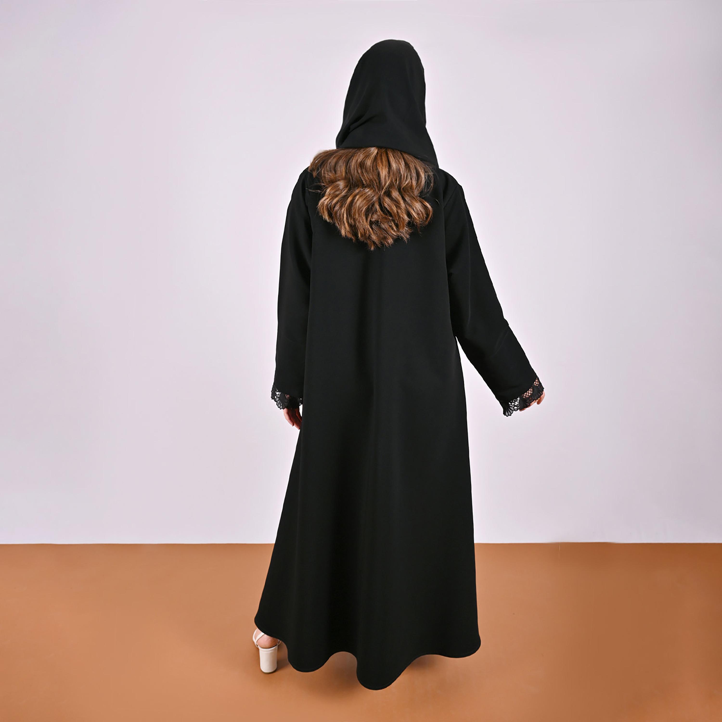 Hawraa Black Leaf Embroidered Wide Cuff Sleeves Linen Women's Abaya with Hijab-women-arabicclothing-abayas-image-5