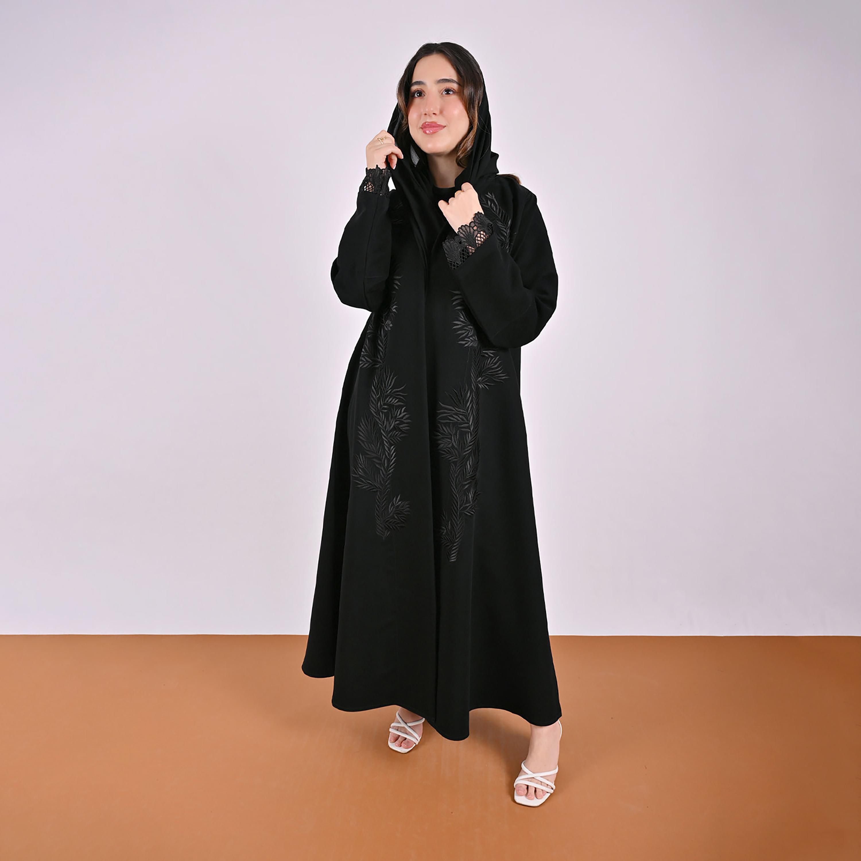 Hawraa Black Leaf Embroidered Wide Cuff Sleeves Linen Women's Abaya with Hijab-women-arabicclothing-abayas-image-6