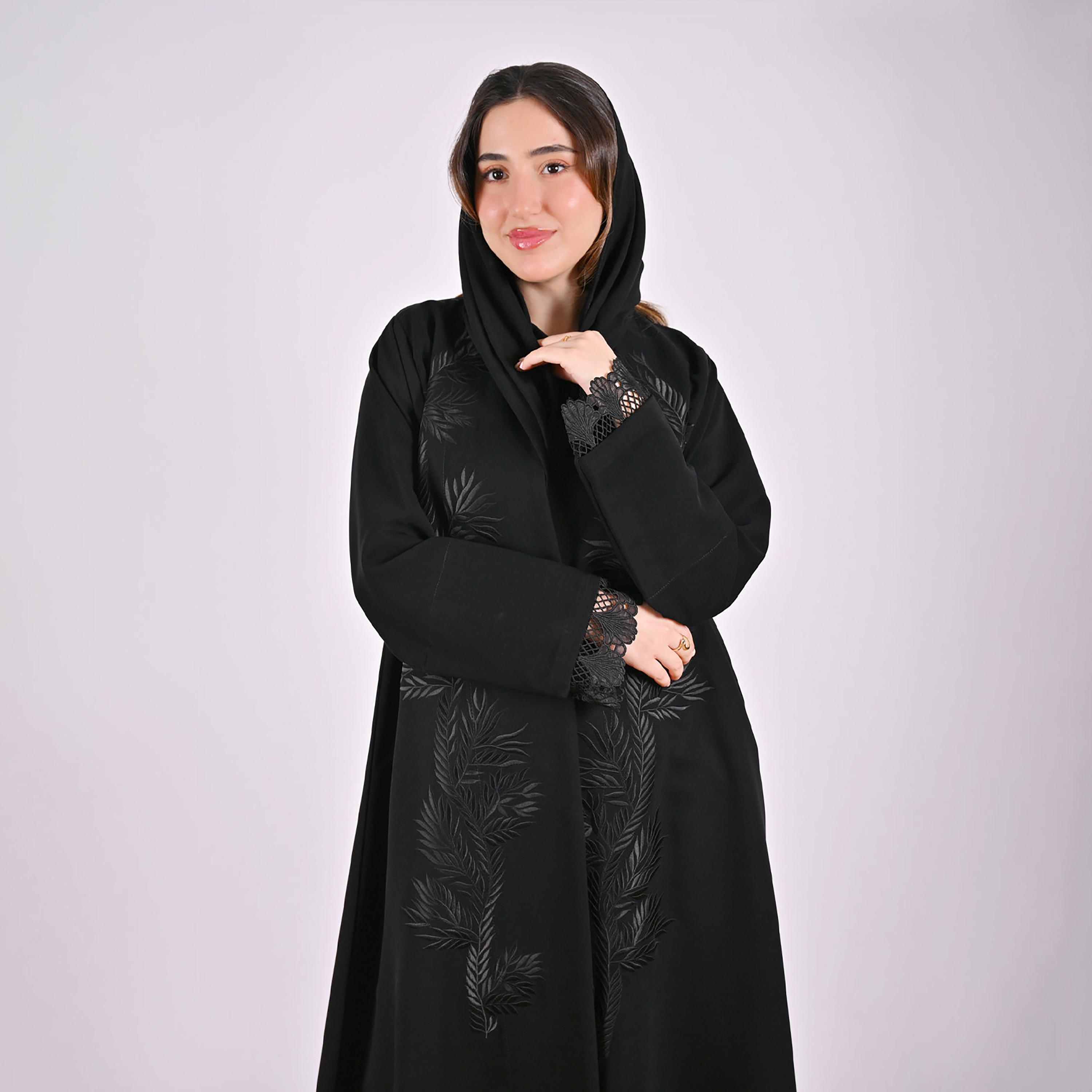 Hawraa Black Leaf Embroidered Wide Cuff Sleeves Linen Women's Abaya with Hijab-women-arabicclothing-abayas-image-7