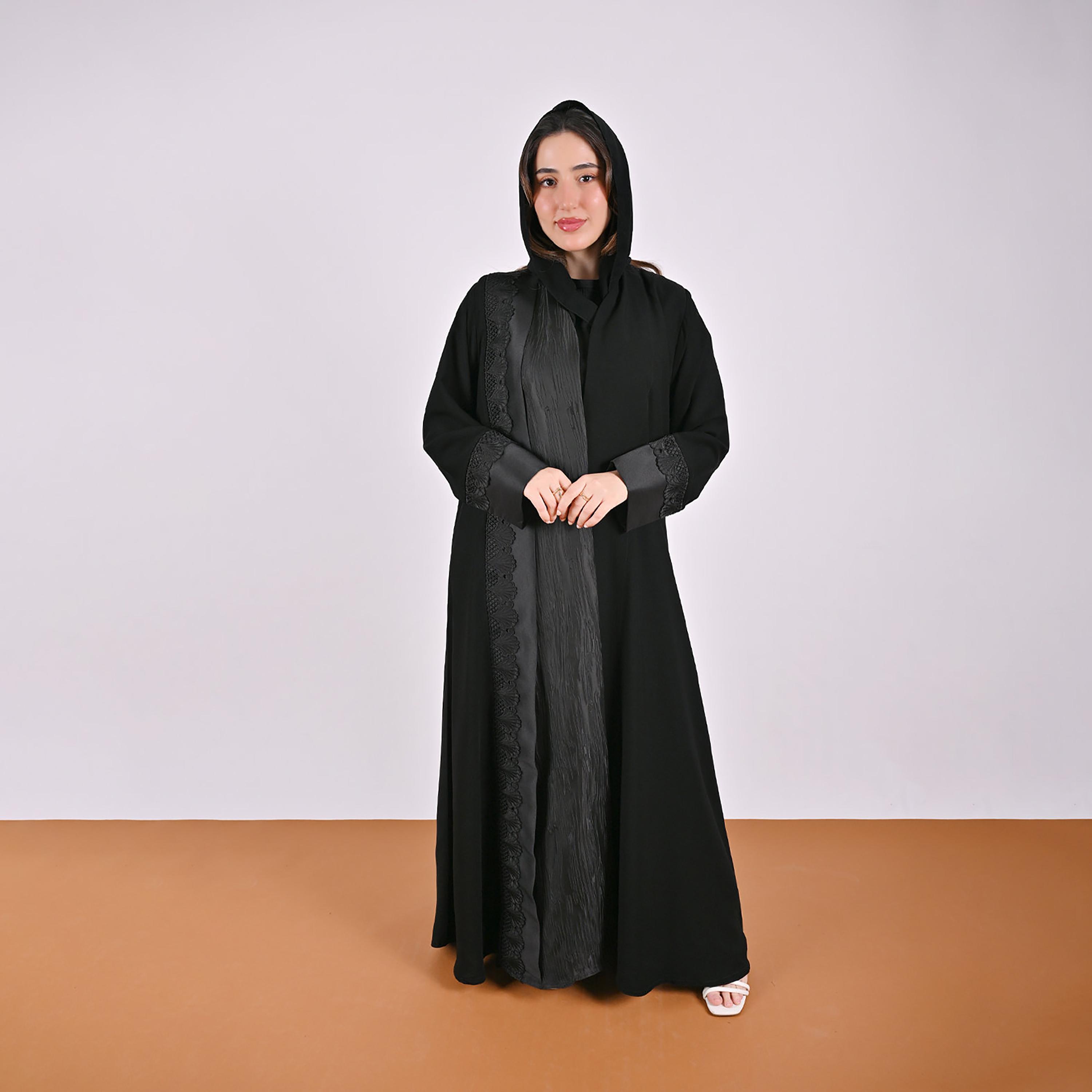 Hawraa Black Jacquard Lace Trim Linen Women's Abaya with Hijab-women-arabicclothing-abayas-image-1