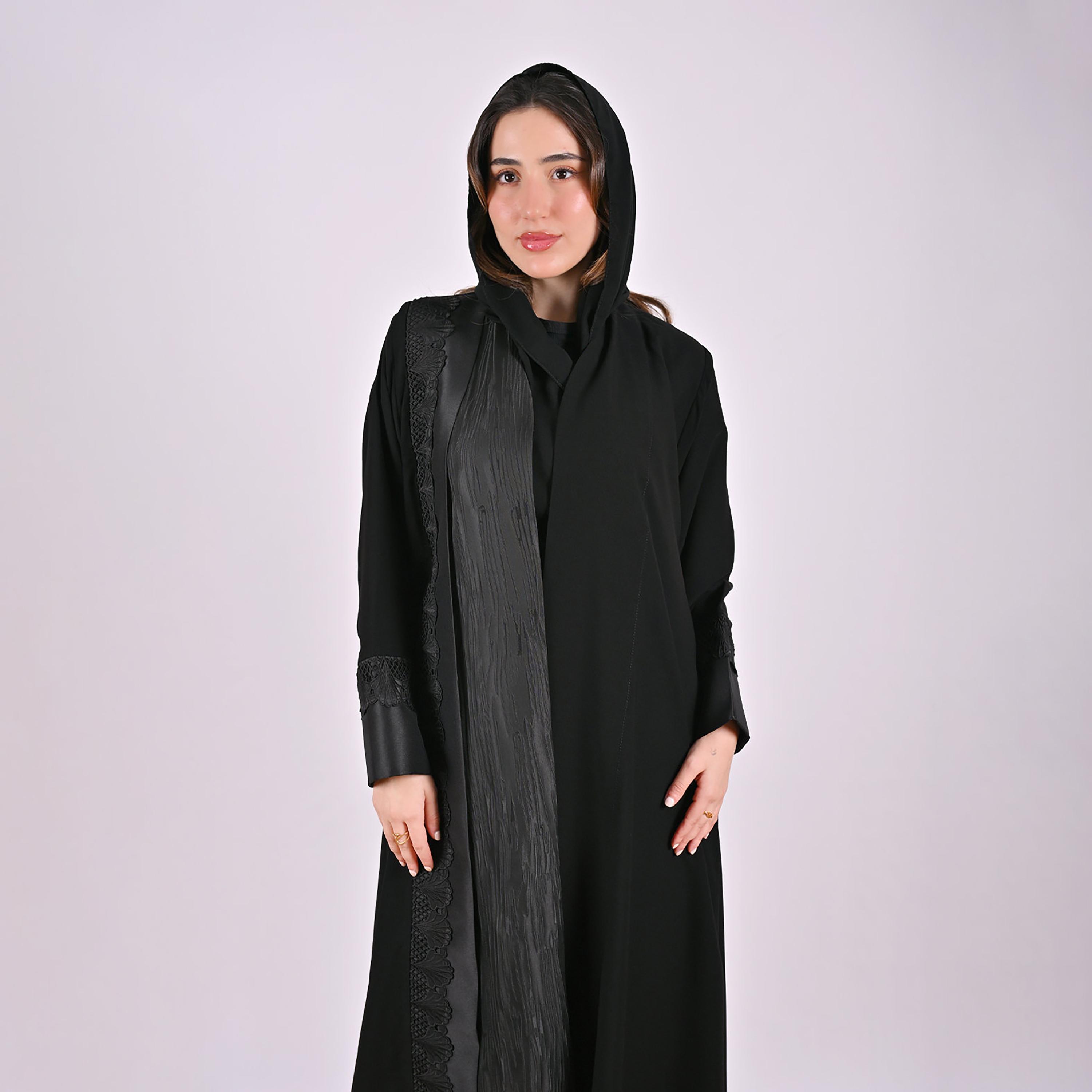 Hawraa Black Jacquard Lace Trim Linen Women's Abaya with Hijab-women-arabicclothing-abayas-image-2