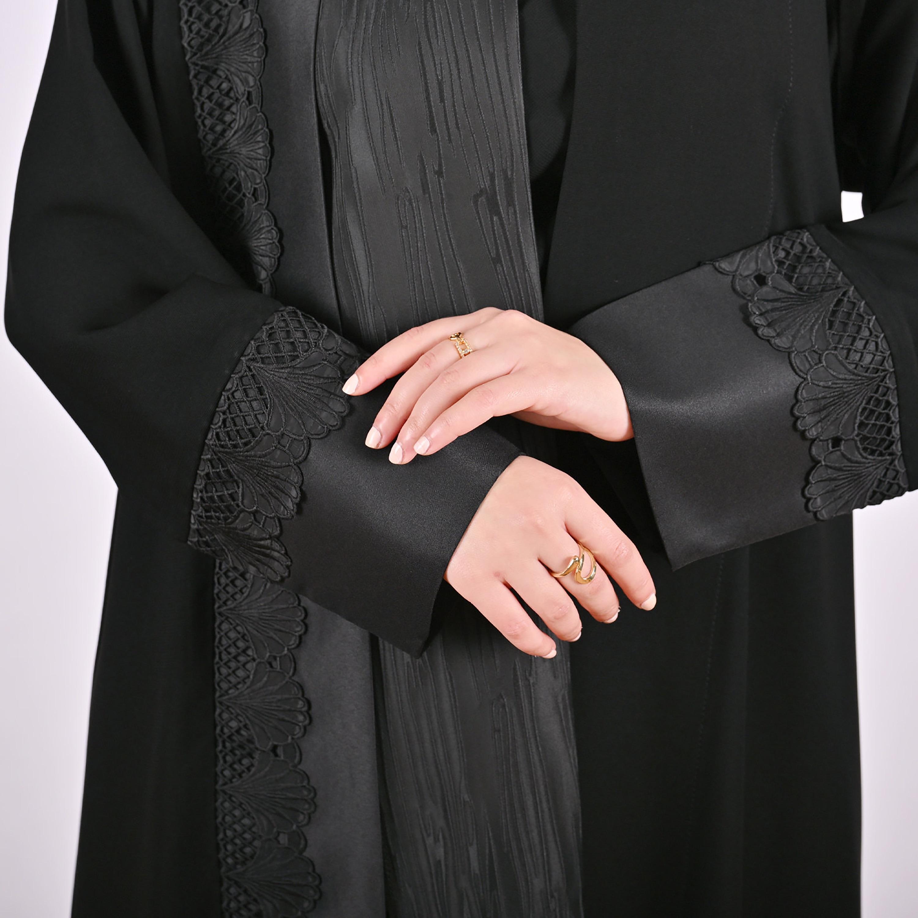 Hawraa Black Jacquard Lace Trim Linen Women's Abaya with Hijab-women-arabicclothing-abayas-image-3