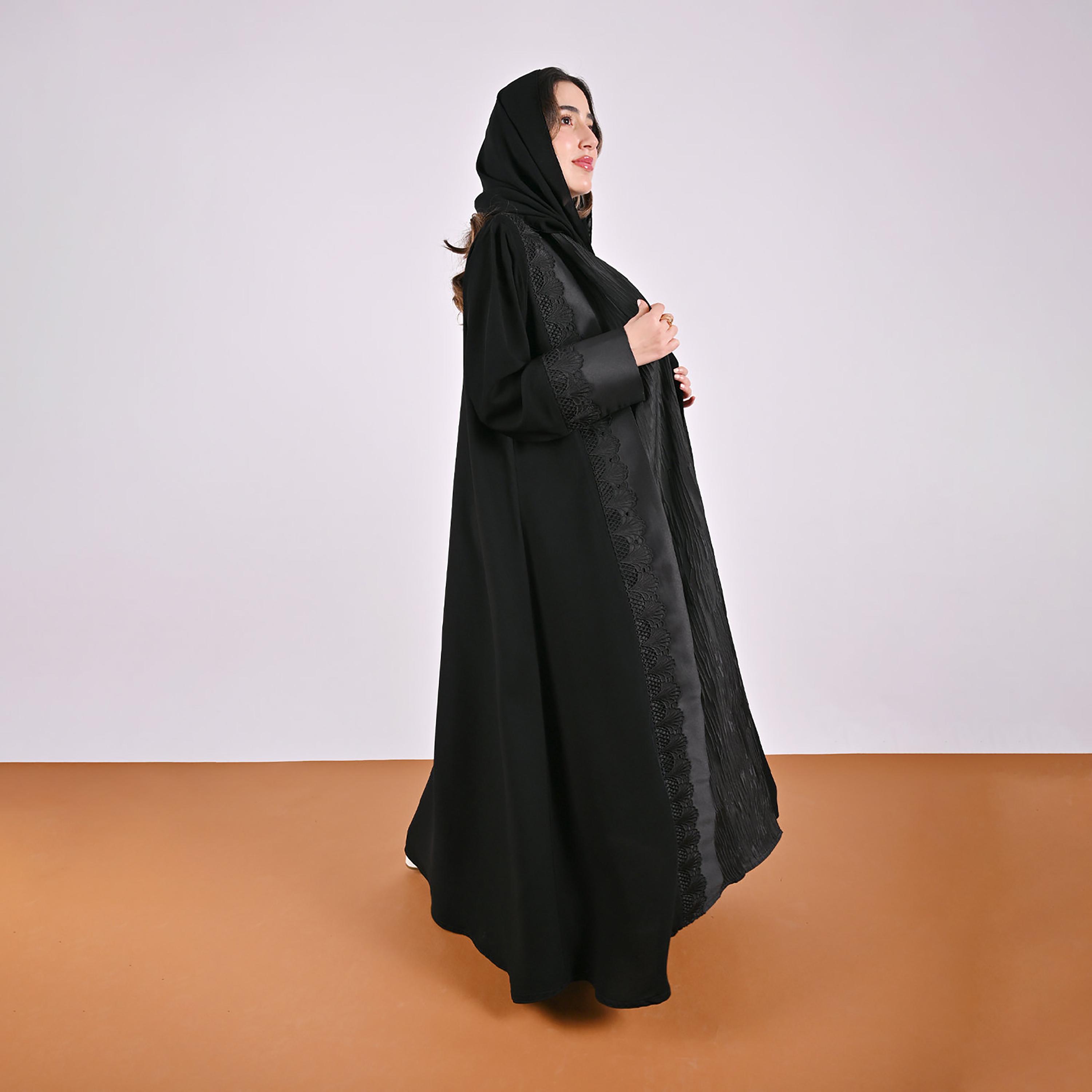 Hawraa Black Jacquard Lace Trim Linen Women's Abaya with Hijab-women-arabicclothing-abayas-image-4