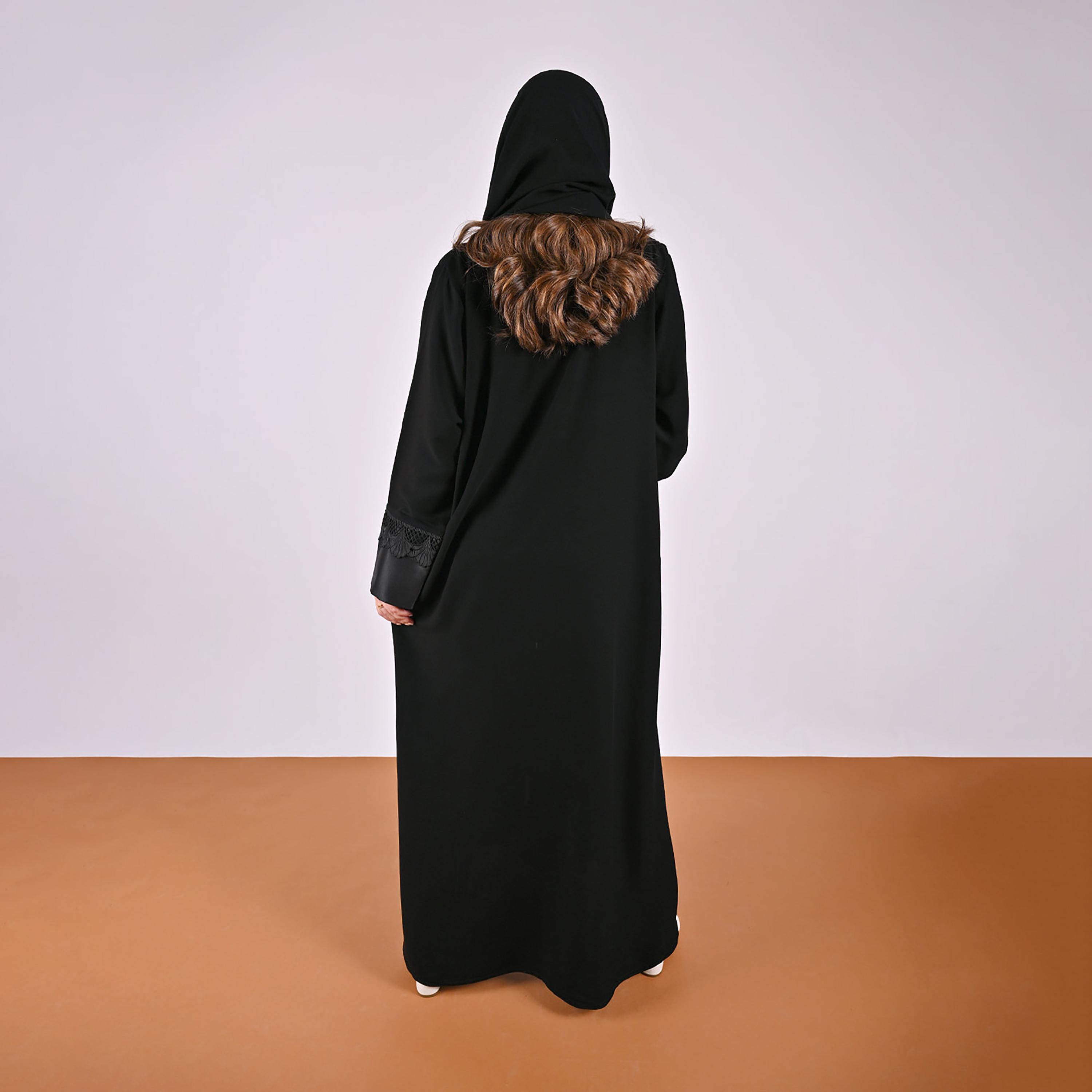 Hawraa Black Jacquard Lace Trim Linen Women's Abaya with Hijab-women-arabicclothing-abayas-image-5