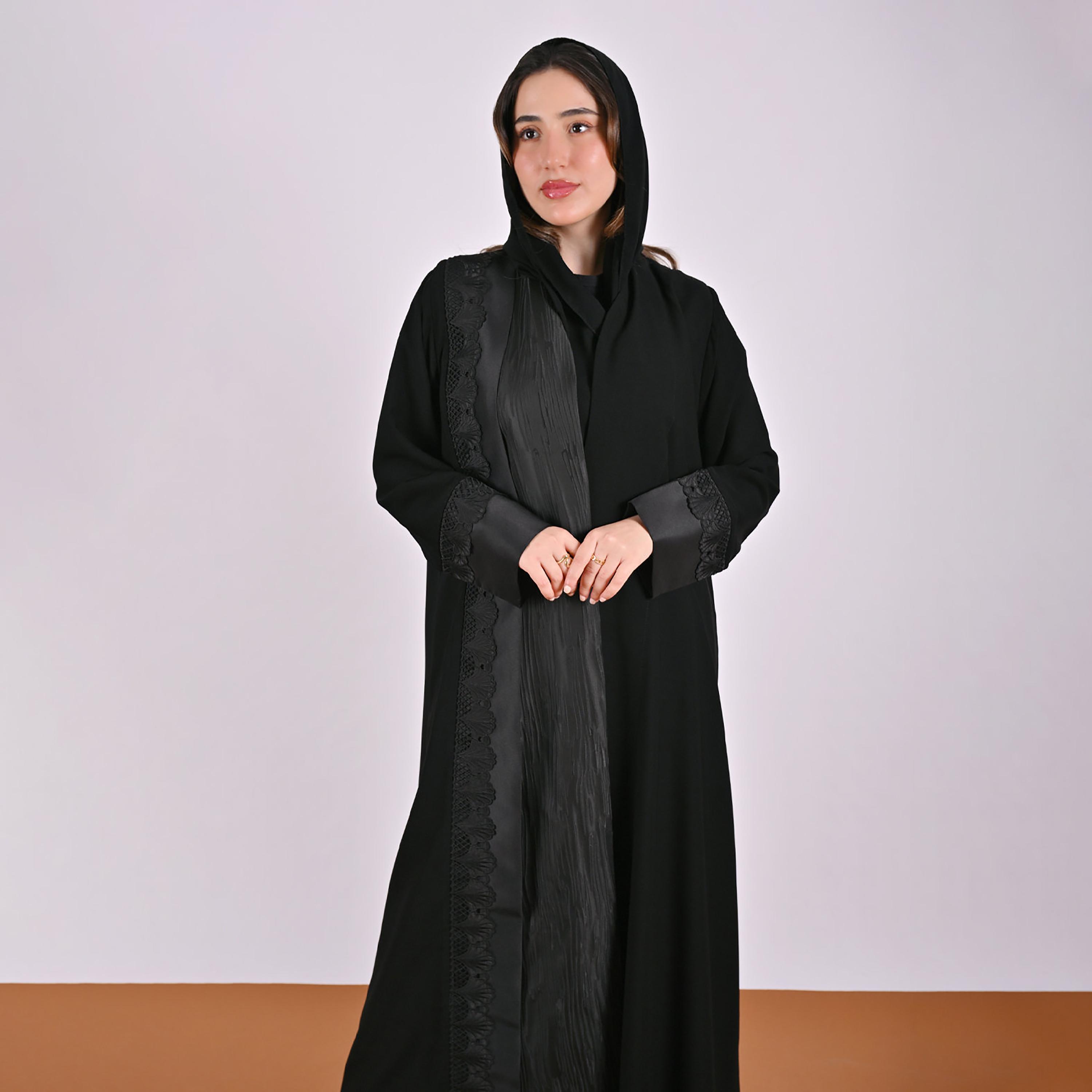 Hawraa Black Jacquard Lace Trim Linen Women's Abaya with Hijab-women-arabicclothing-abayas-image-6