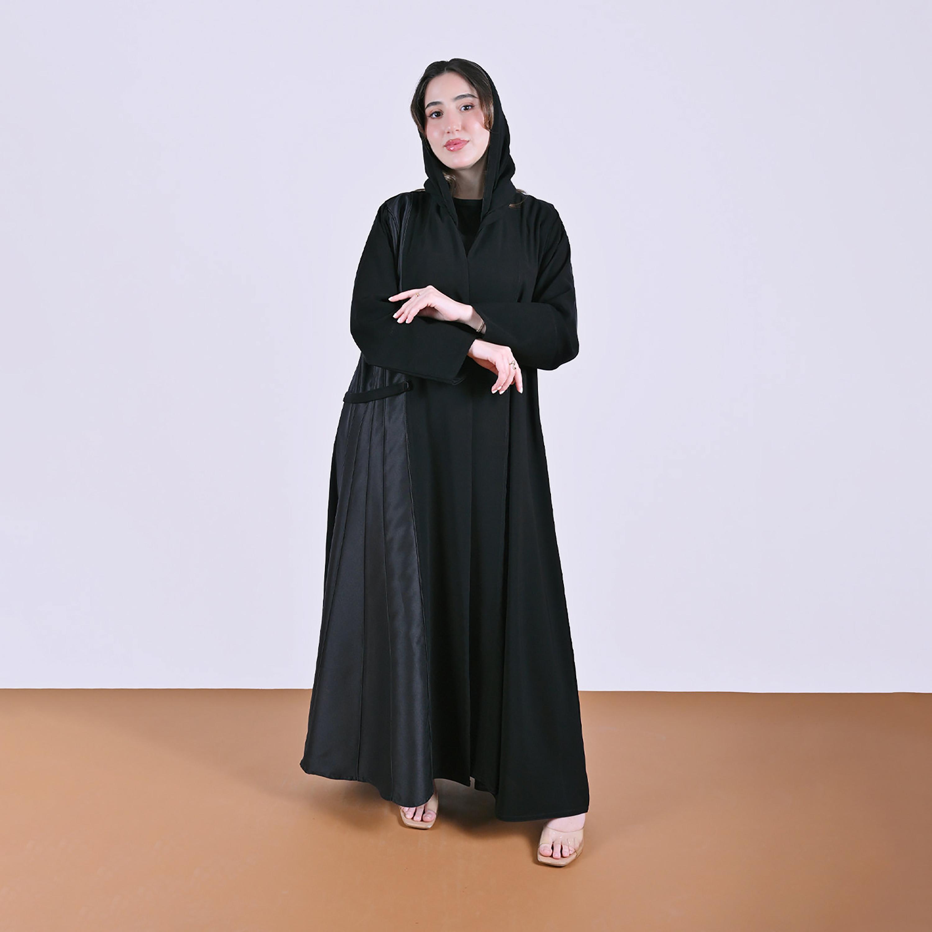Hawraa Black Panel Insert Wide Cuff Sleeves Linen Women's Abaya with Hijab-women-arabicclothing-abayas-image-1
