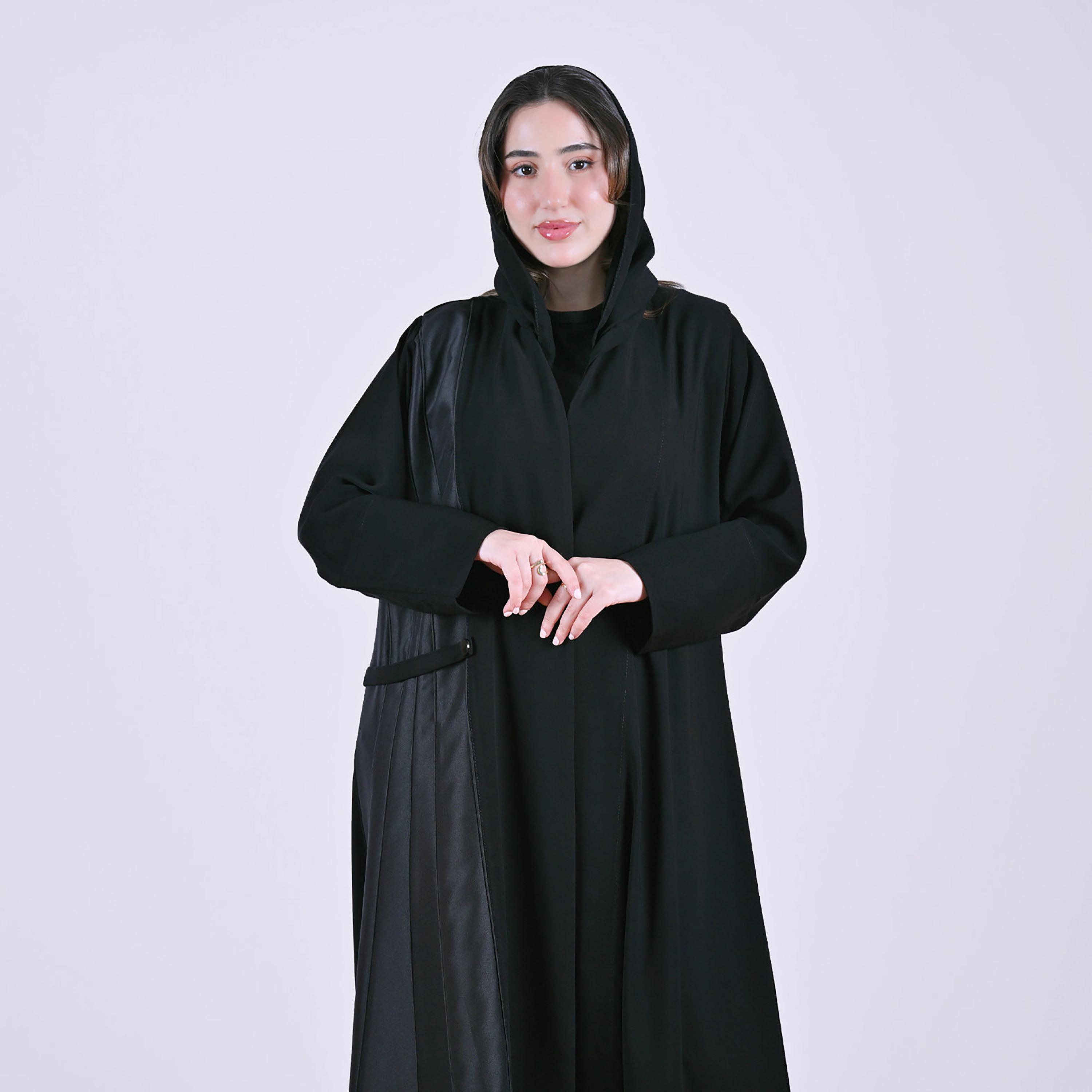 Hawraa Black Panel Insert Wide Cuff Sleeves Linen Women's Abaya with Hijab-women-arabicclothing-abayas-image-2