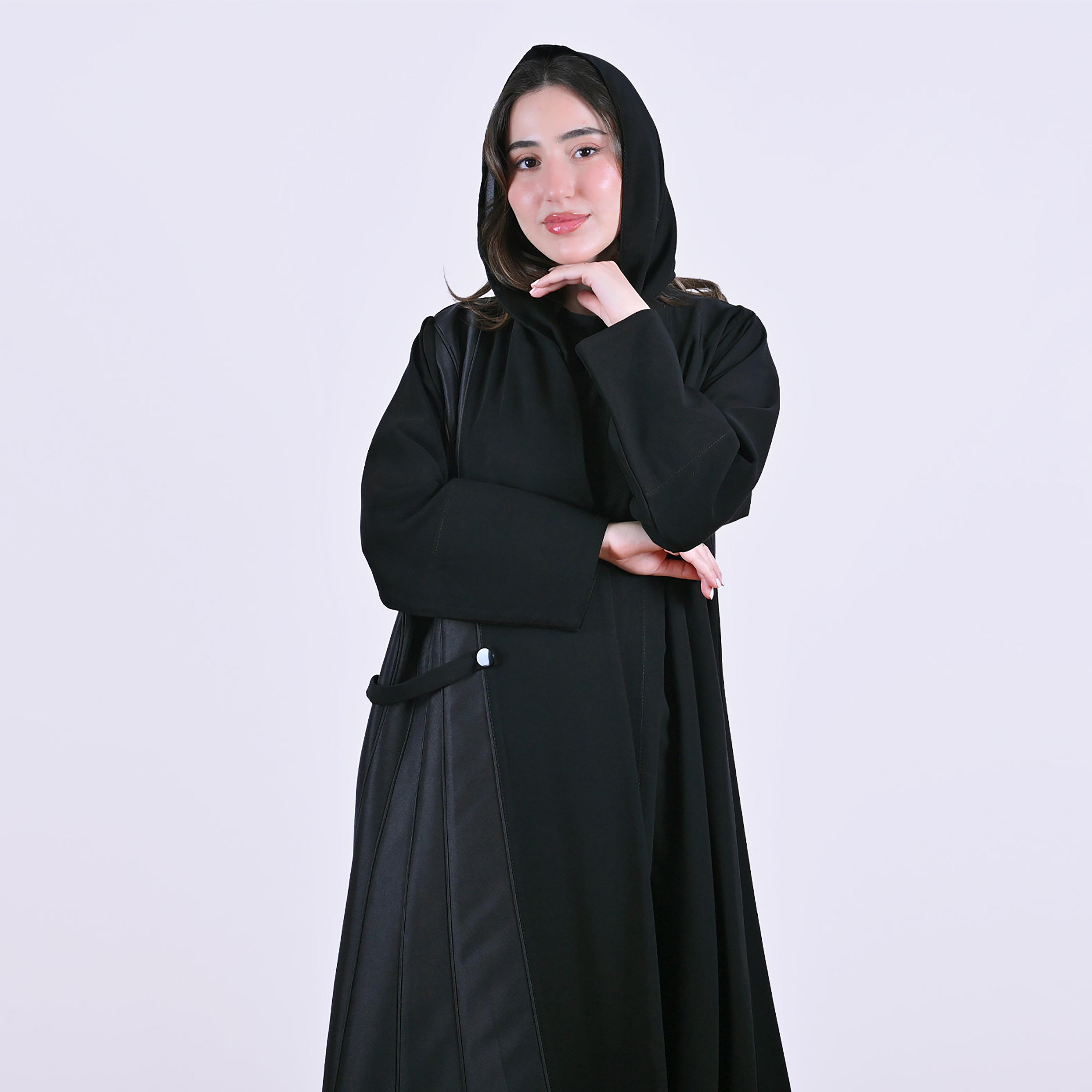 Hawraa Black Panel Insert Wide Cuff Sleeves Linen Women's Abaya with Hijab-women-arabicclothing-abayas-image-3