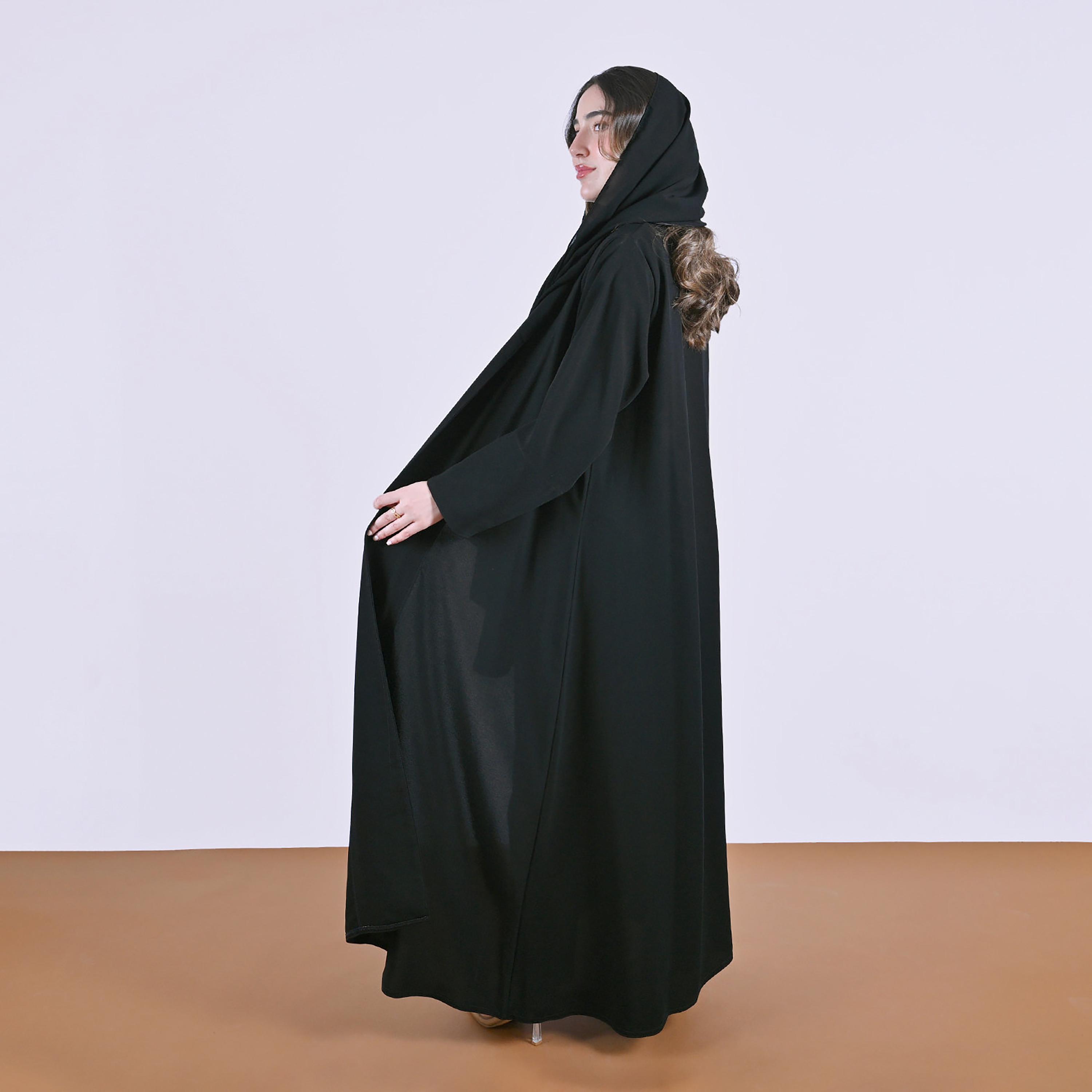Hawraa Black Panel Insert Wide Cuff Sleeves Linen Women's Abaya with Hijab-women-arabicclothing-abayas-image-4