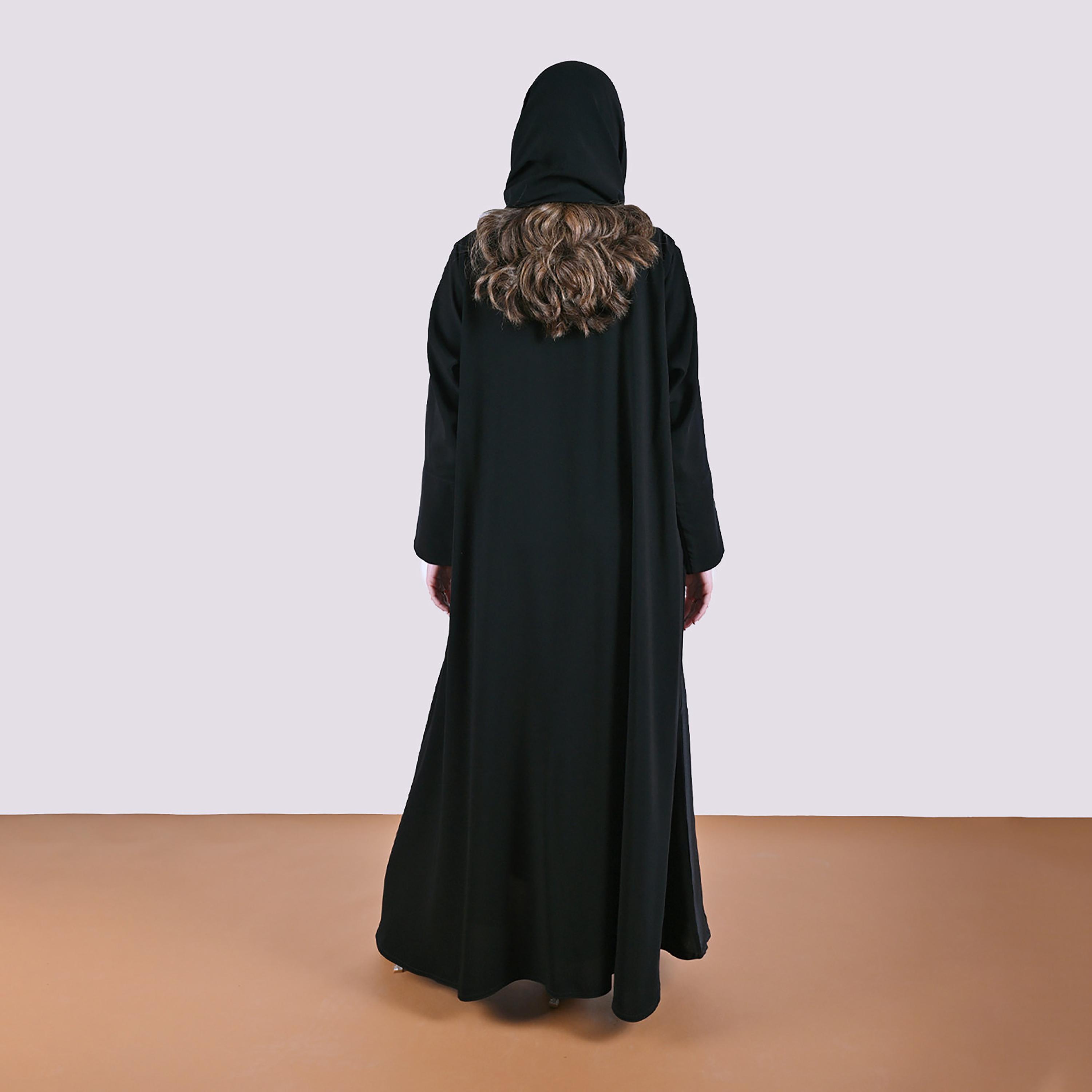 Hawraa Black Panel Insert Wide Cuff Sleeves Linen Women's Abaya with Hijab-women-arabicclothing-abayas-image-5