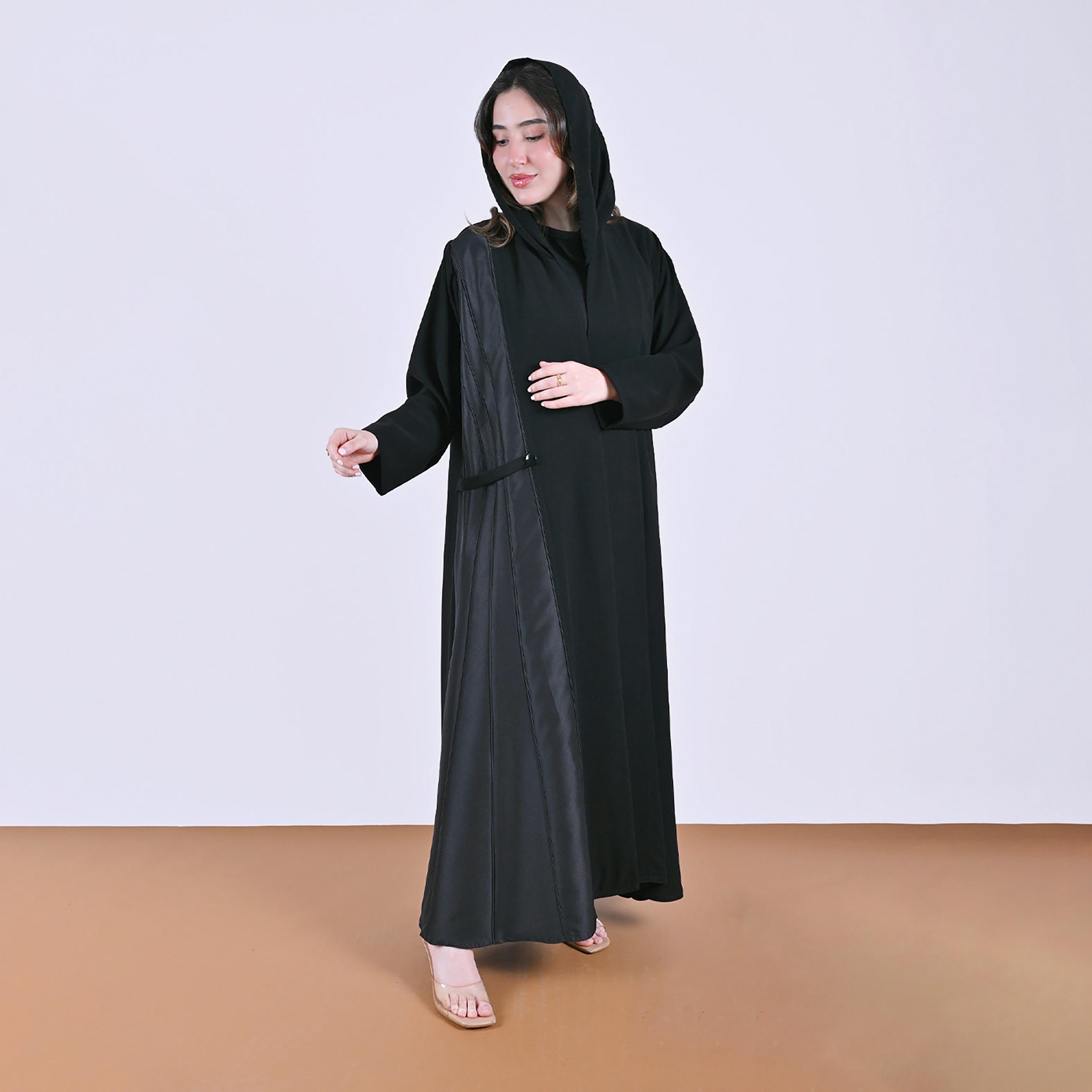 Hawraa Black Panel Insert Wide Cuff Sleeves Linen Women's Abaya with Hijab-women-arabicclothing-abayas-image-6