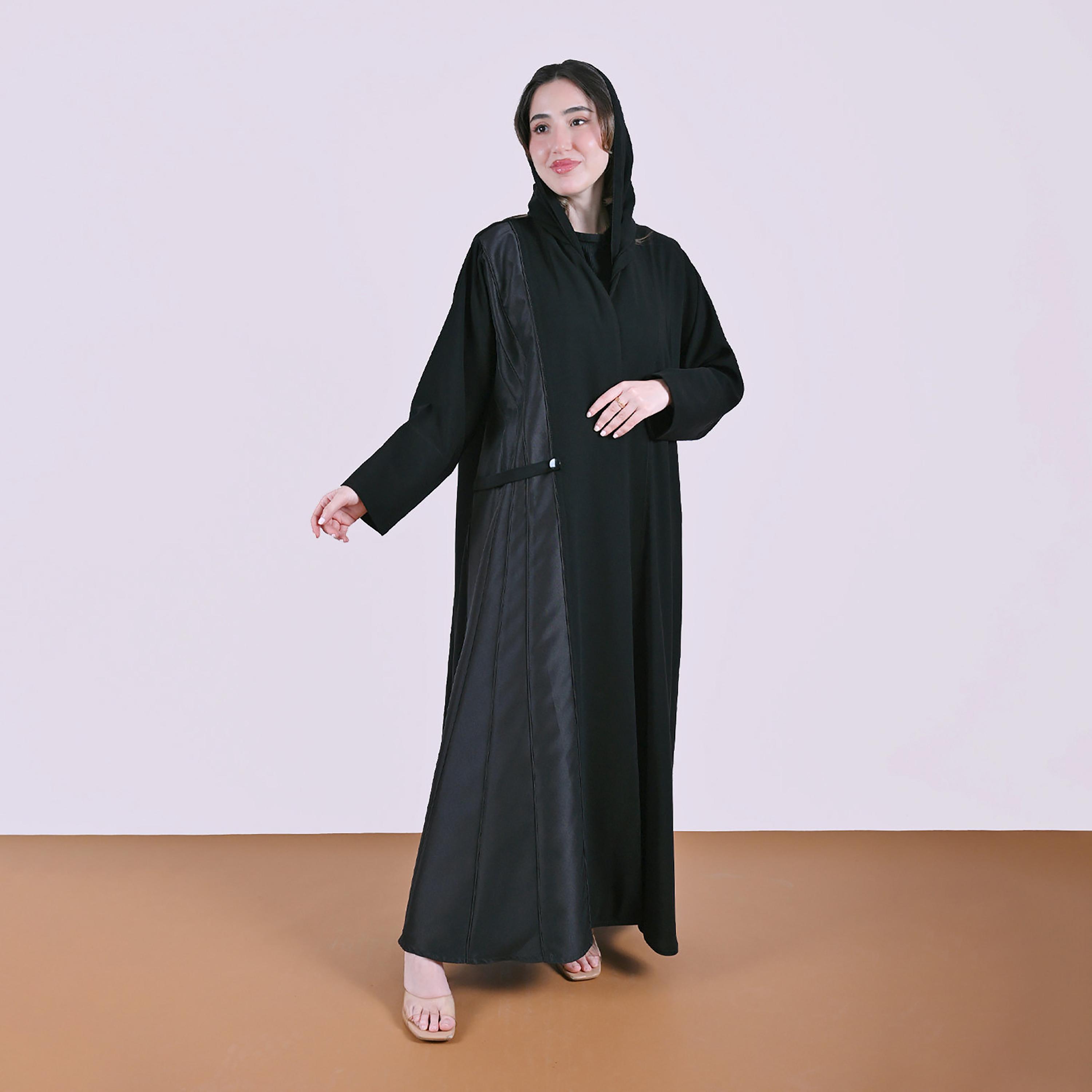 Hawraa Black Panel Insert Wide Cuff Sleeves Linen Women's Abaya with Hijab-women-arabicclothing-abayas-image-7