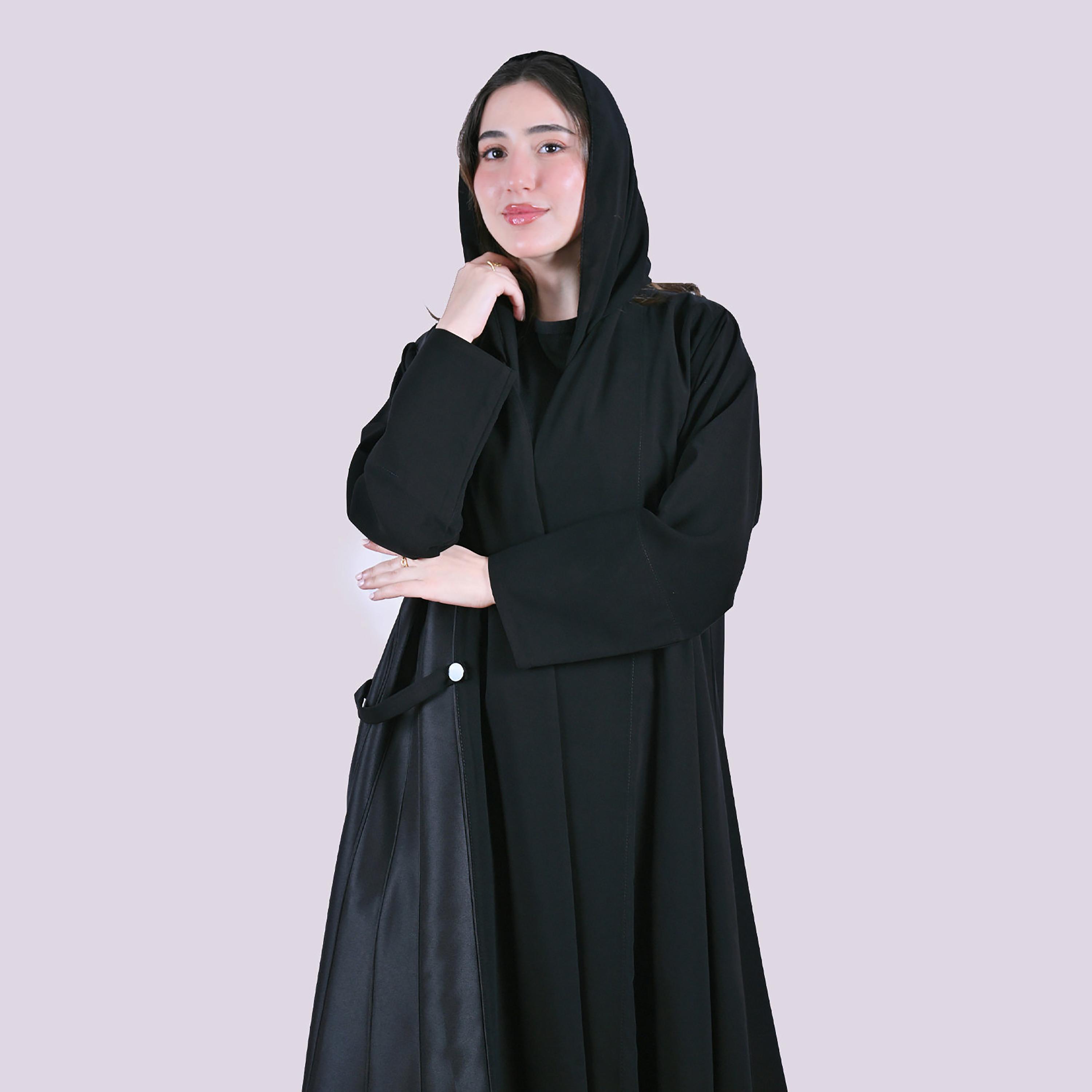 Hawraa Black Panel Insert Wide Cuff Sleeves Linen Women's Abaya with Hijab-women-arabicclothing-abayas-image-8