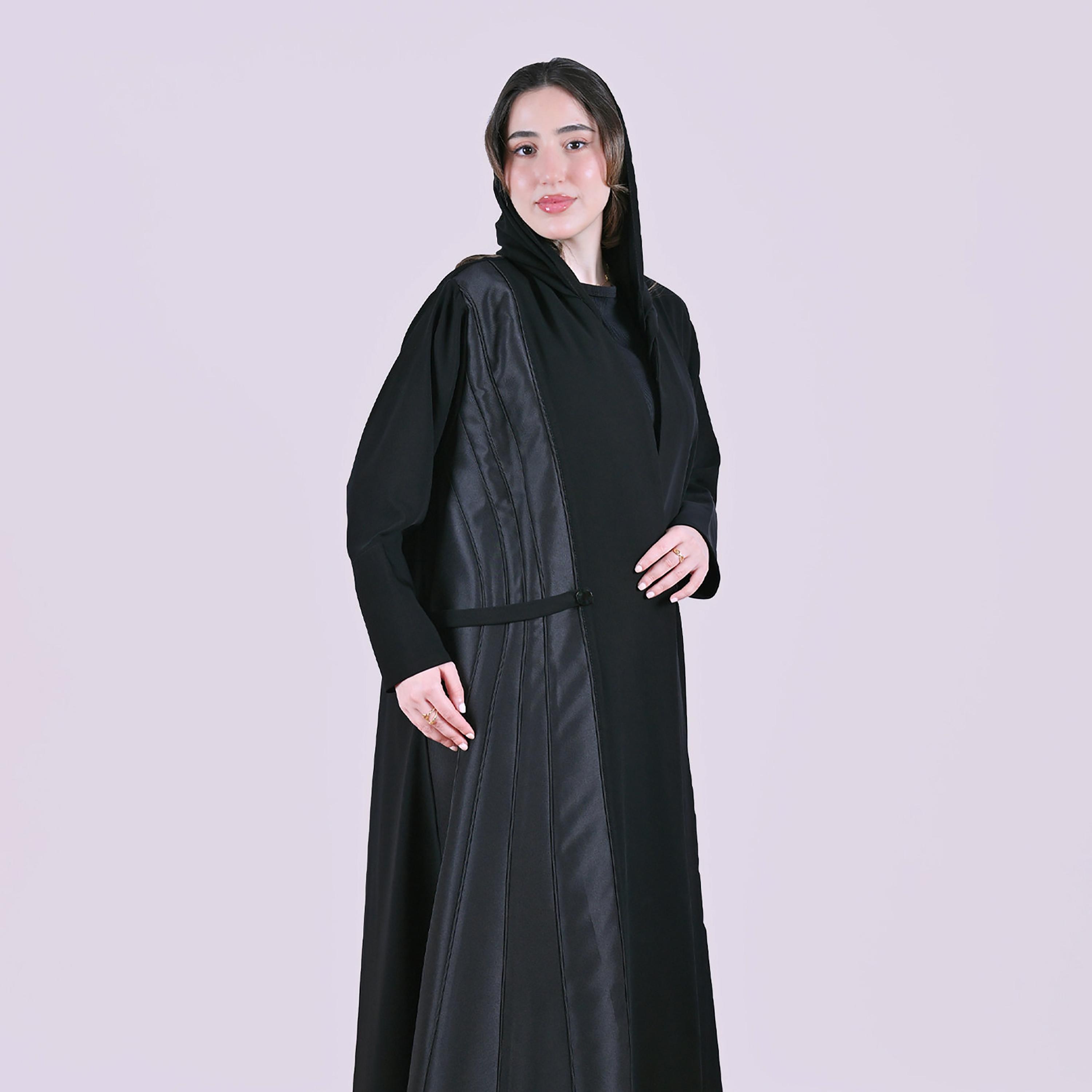 Hawraa Black Panel Insert Wide Cuff Sleeves Linen Women's Abaya with Hijab-women-arabicclothing-abayas-image-9