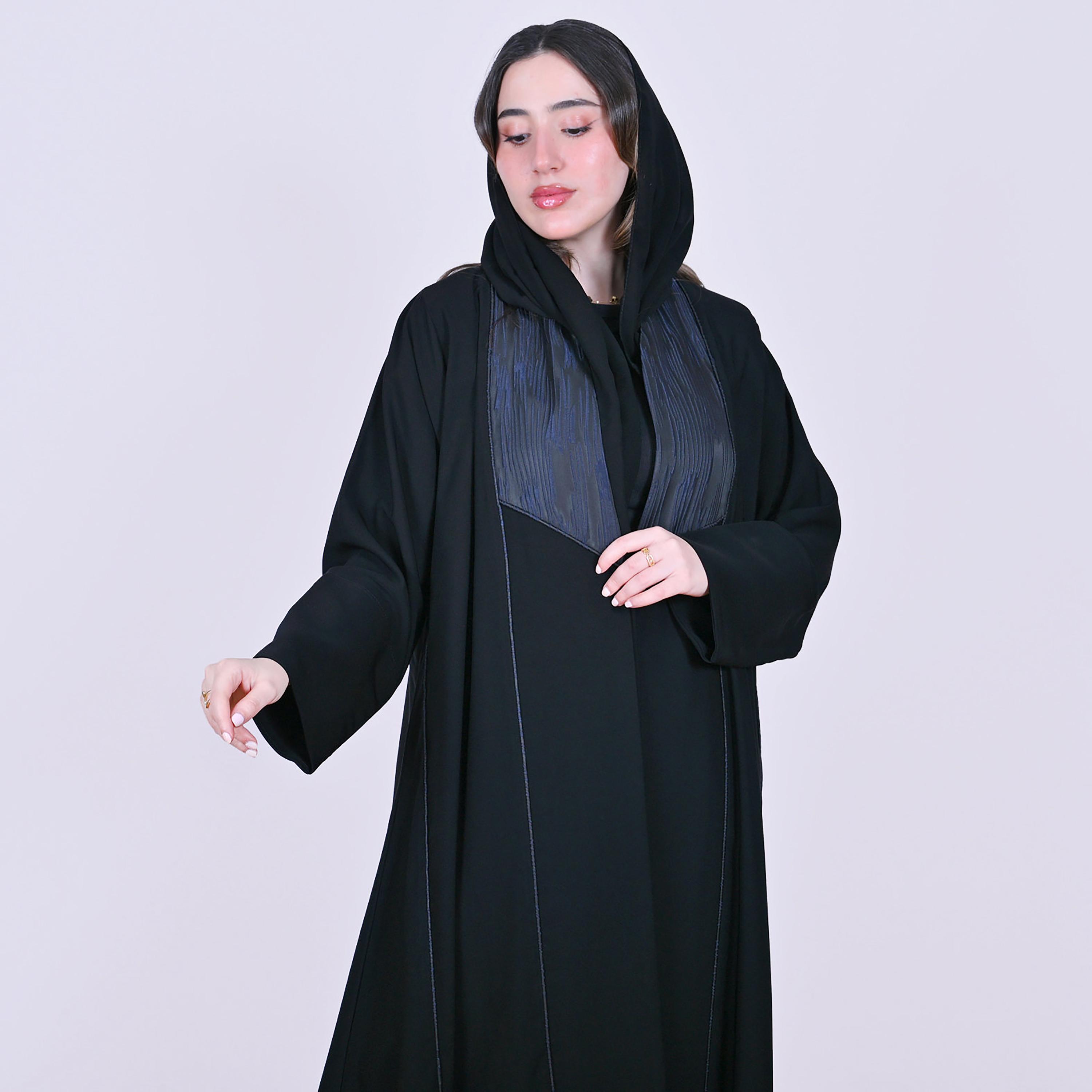 عباءة كتان بأساور عريضة مزينة بكنار جاكار مع حجاب سوداء للنساء من حوراء-women-arabicclothing-abayas-image-2