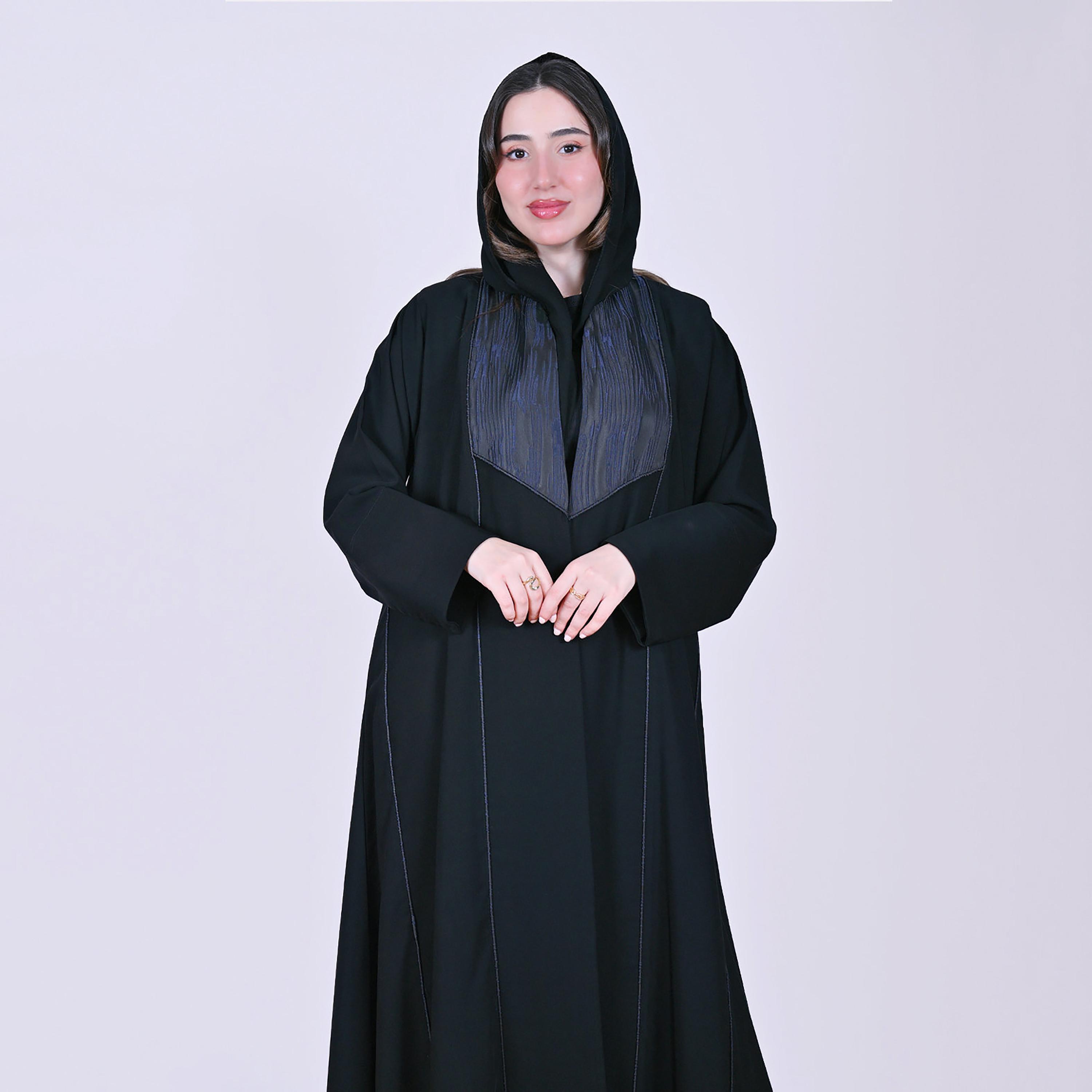 عباءة كتان بأساور عريضة مزينة بكنار جاكار مع حجاب سوداء للنساء من حوراء-women-arabicclothing-abayas-image-4