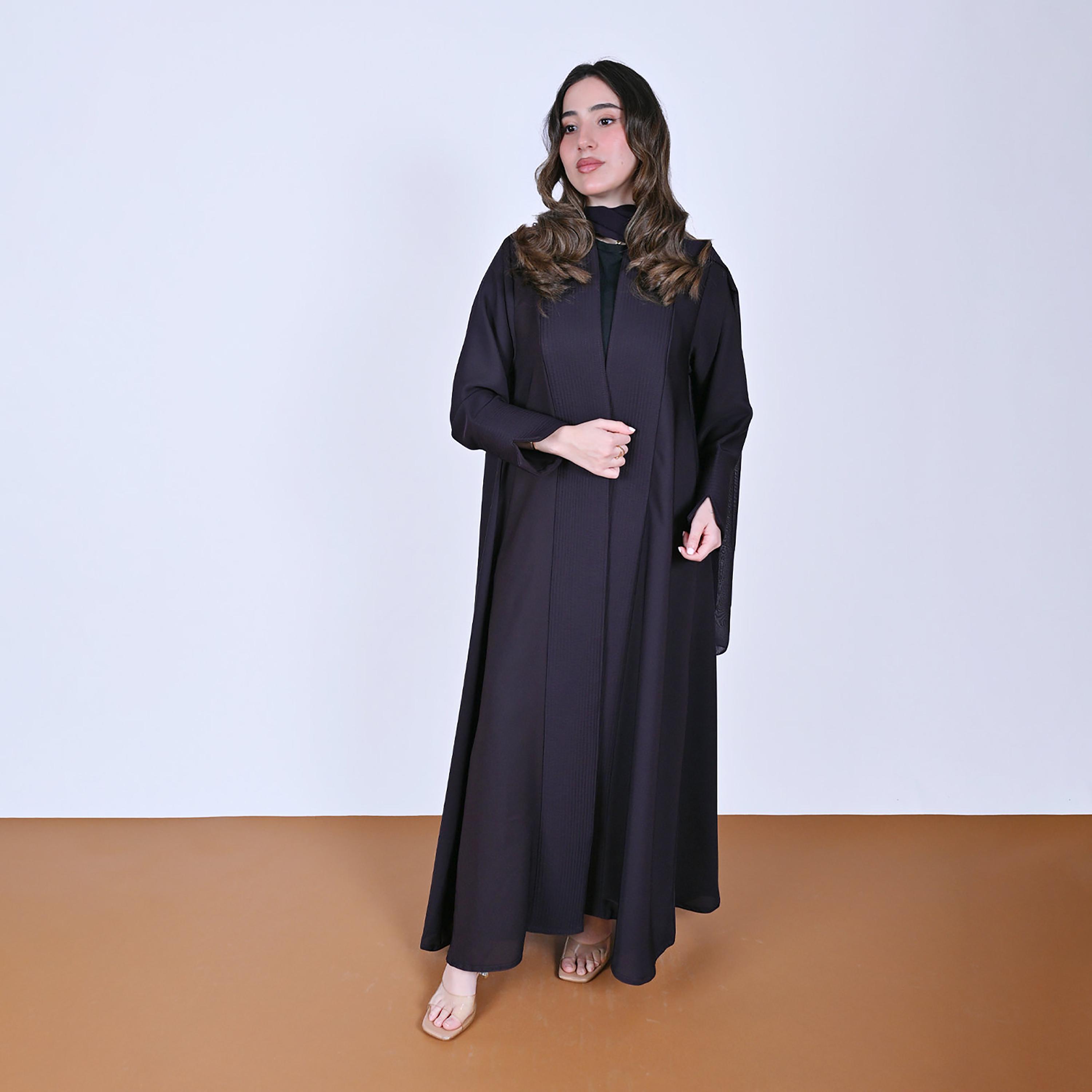 Hawraa Purple Plain Wide Cuff Sleeves Linen Women's Flared Style Abaya with Hijab-women-arabicclothing-abayas-image-1