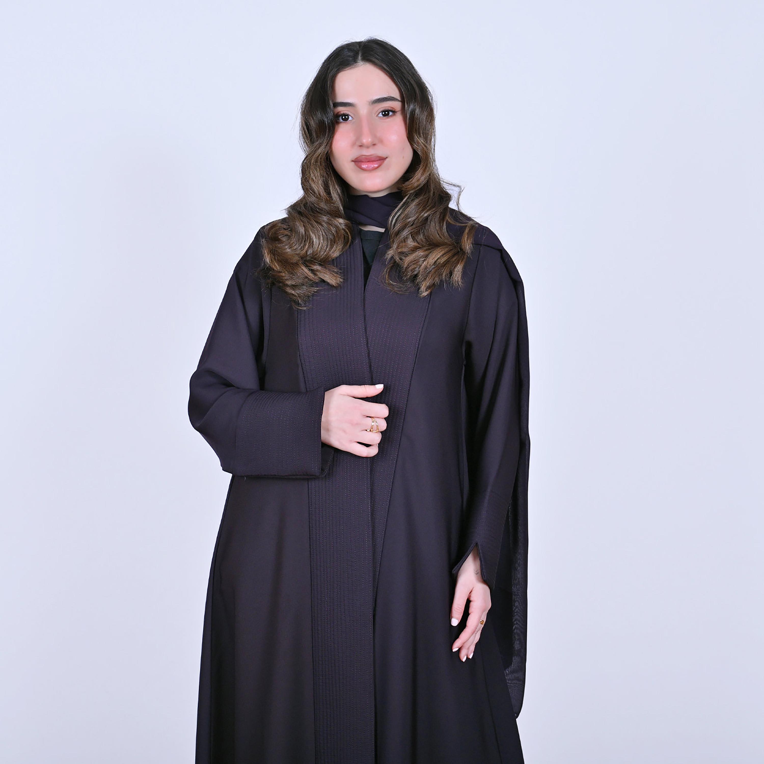 Hawraa Purple Plain Wide Cuff Sleeves Linen Women's Flared Style Abaya with Hijab-women-arabicclothing-abayas-image-2