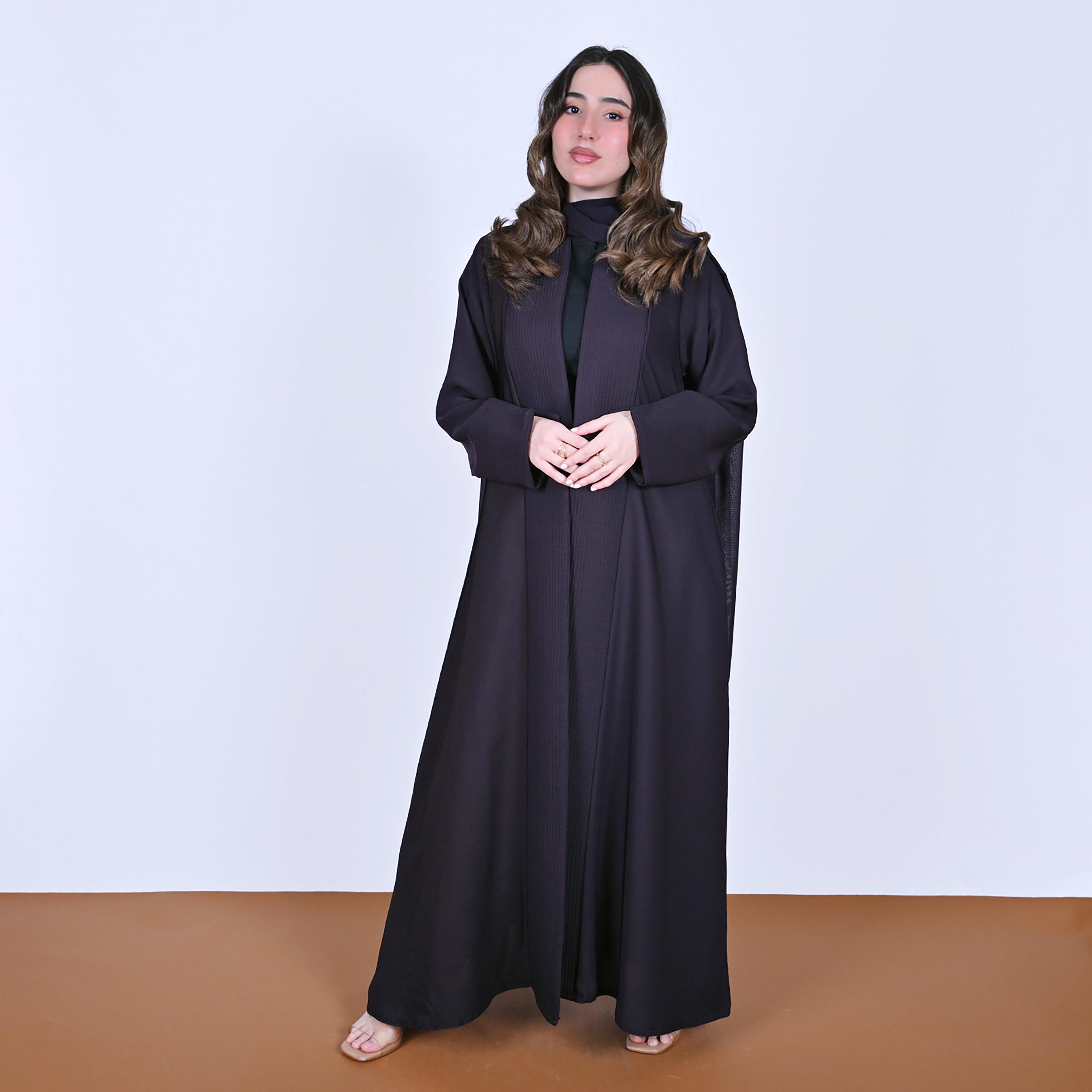 Hawraa Purple Plain Wide Cuff Sleeves Linen Women's Flared Style Abaya with Hijab-women-arabicclothing-abayas-image-3