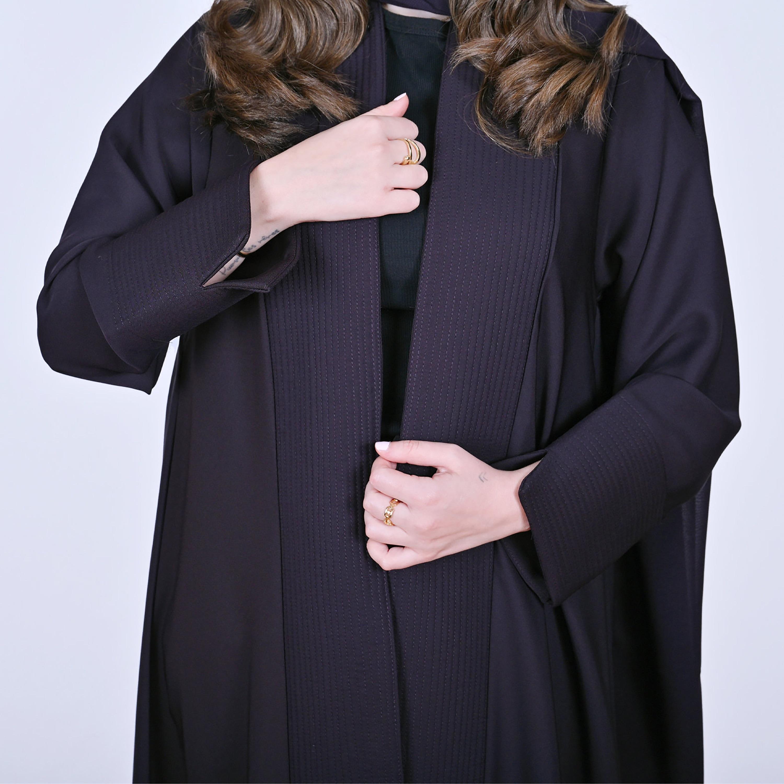 Hawraa Purple Plain Wide Cuff Sleeves Linen Women's Flared Style Abaya with Hijab-women-arabicclothing-abayas-image-5