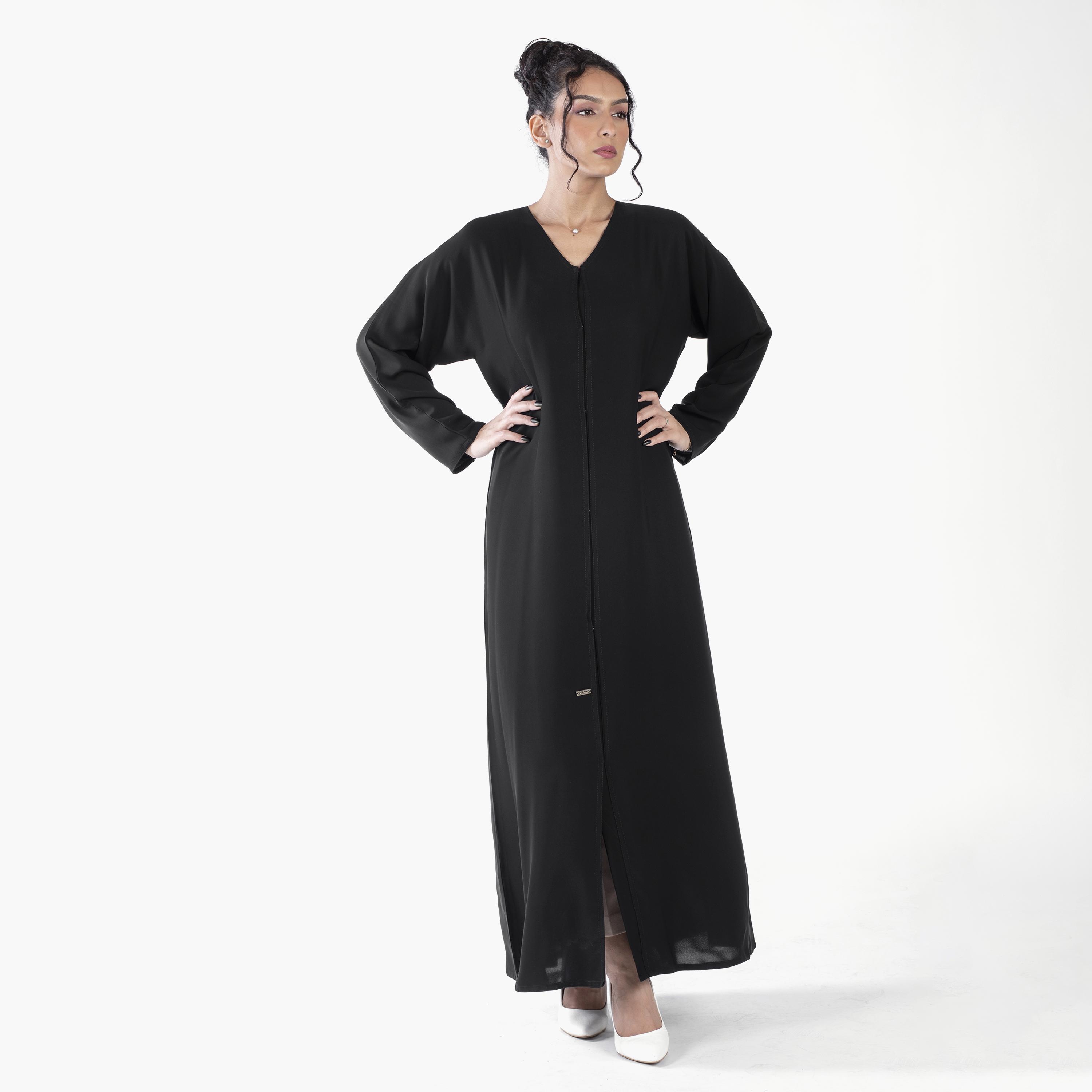 Ramshaa Plain V-Neck Abaya with Snap Button Closure-women-arabicclothing-abayas-image-1