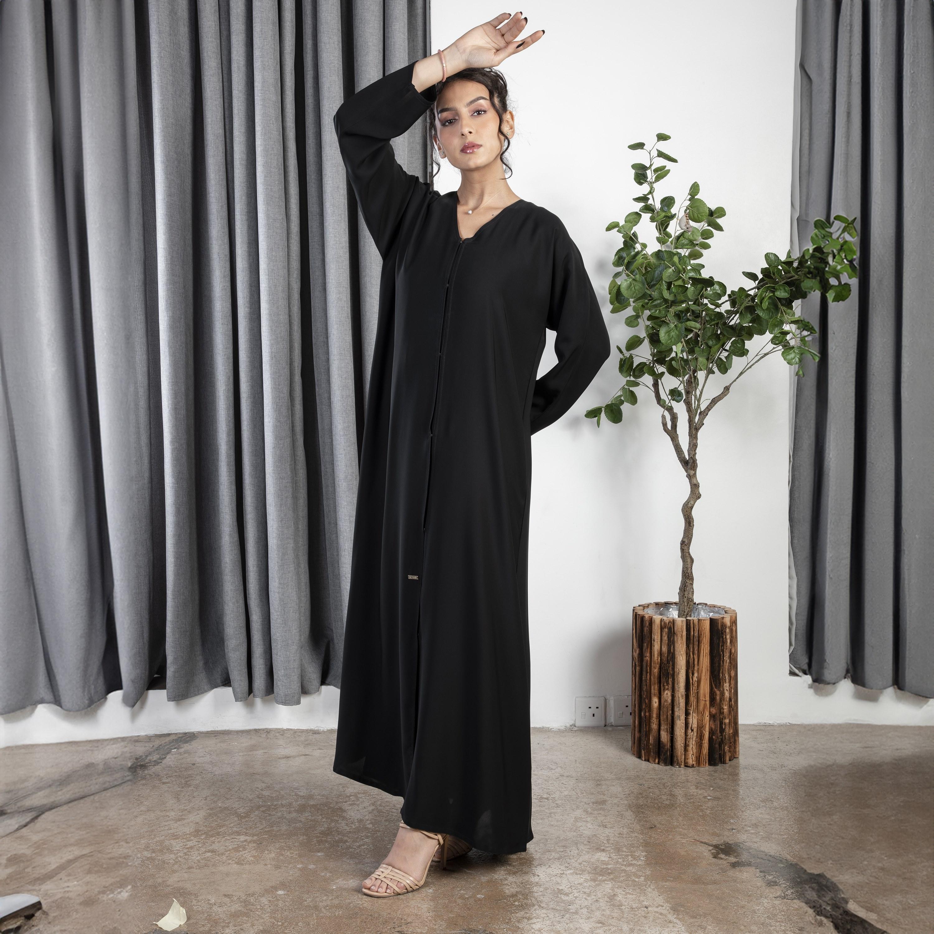 Ramshaa Plain V-Neck Abaya with Snap Button Closure-women-arabicclothing-abayas-image-2