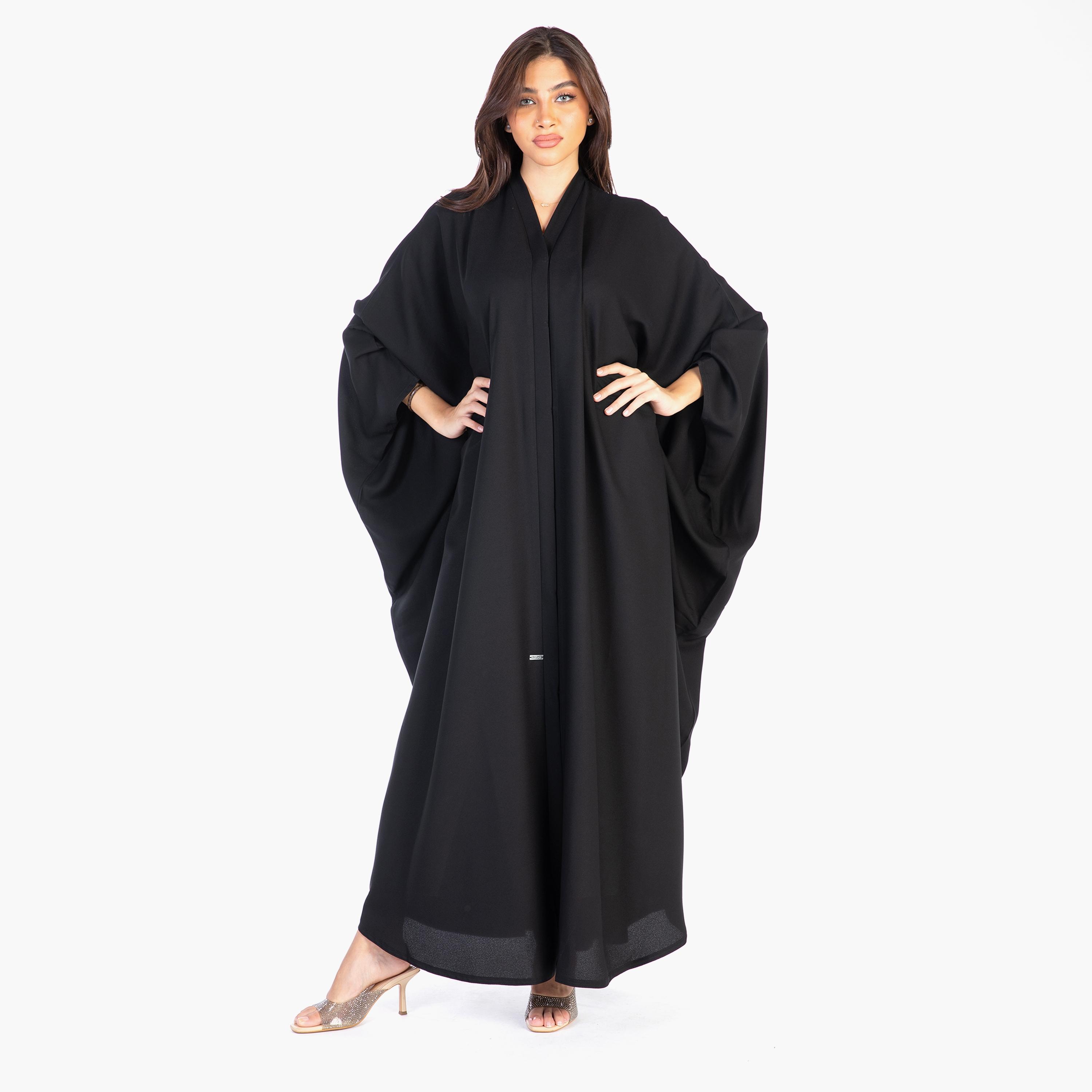 Ramshaa Plain Bisht Abaya with Snap Button Closure-women-arabicclothing-abayas-image-1