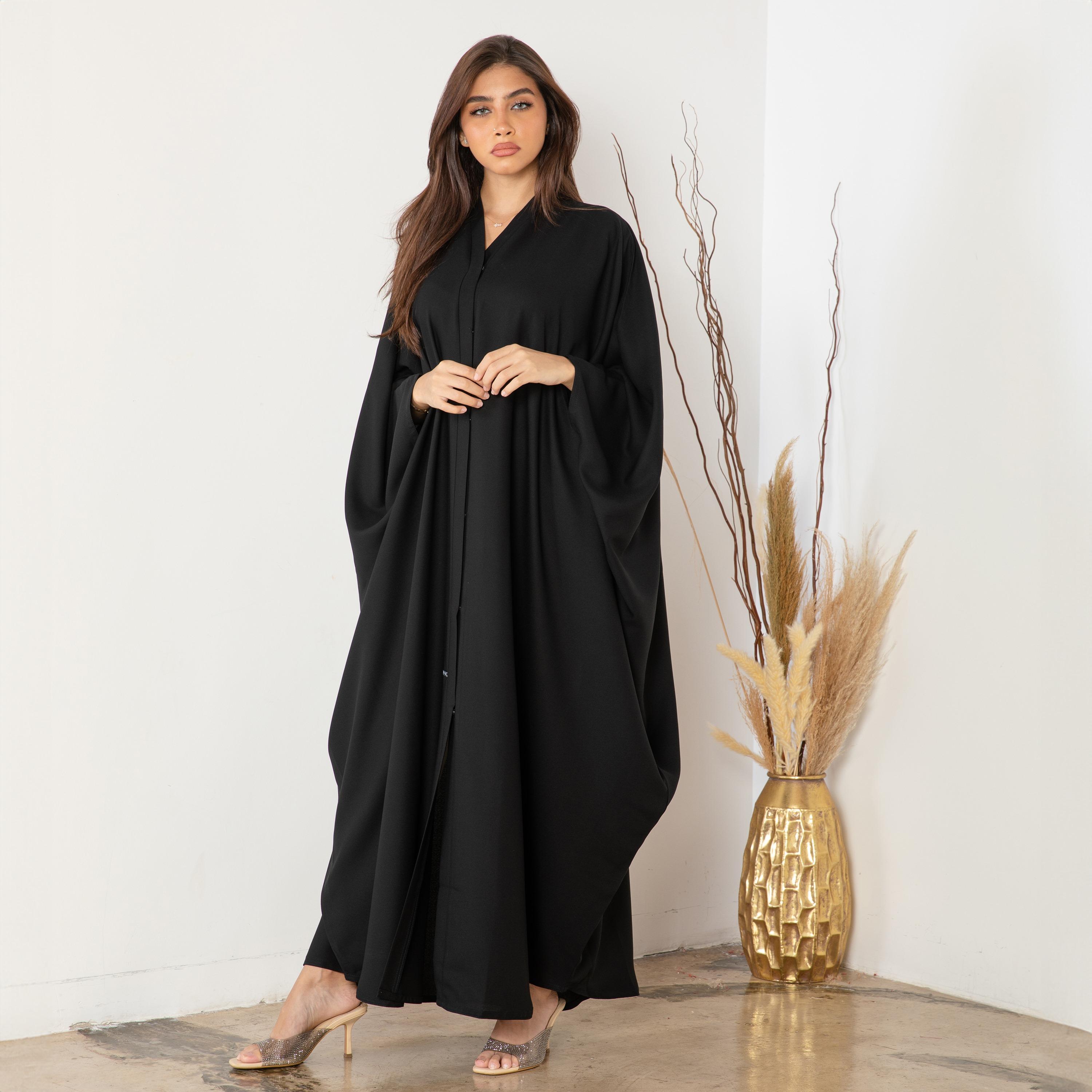 Ramshaa Plain Bisht Abaya with Snap Button Closure-women-arabicclothing-abayas-image-2