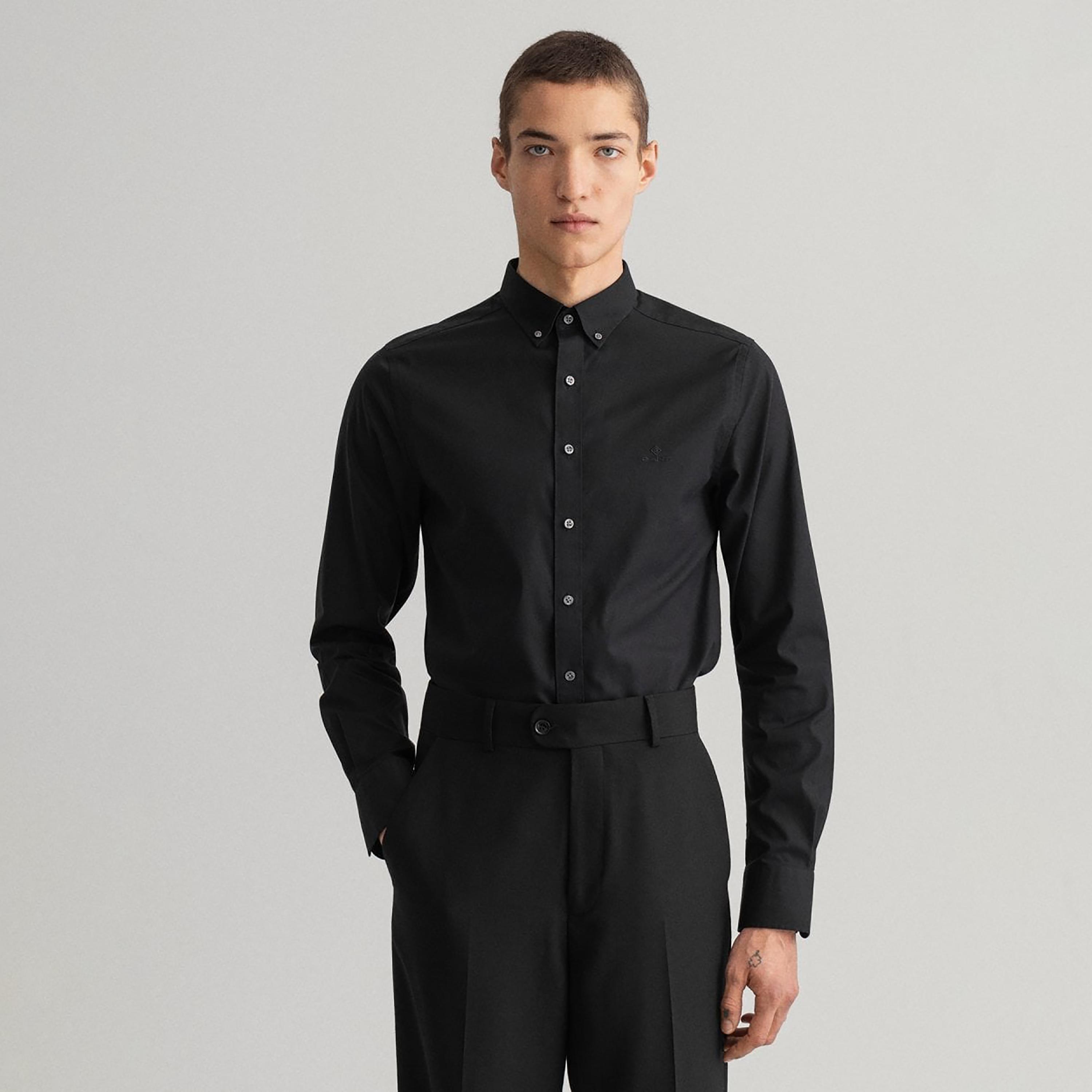 قميص من جانت بأكمام طويلة وياقة بأزرار سفلية وتفاصيل شعار-men-clothing-shirts-image-1