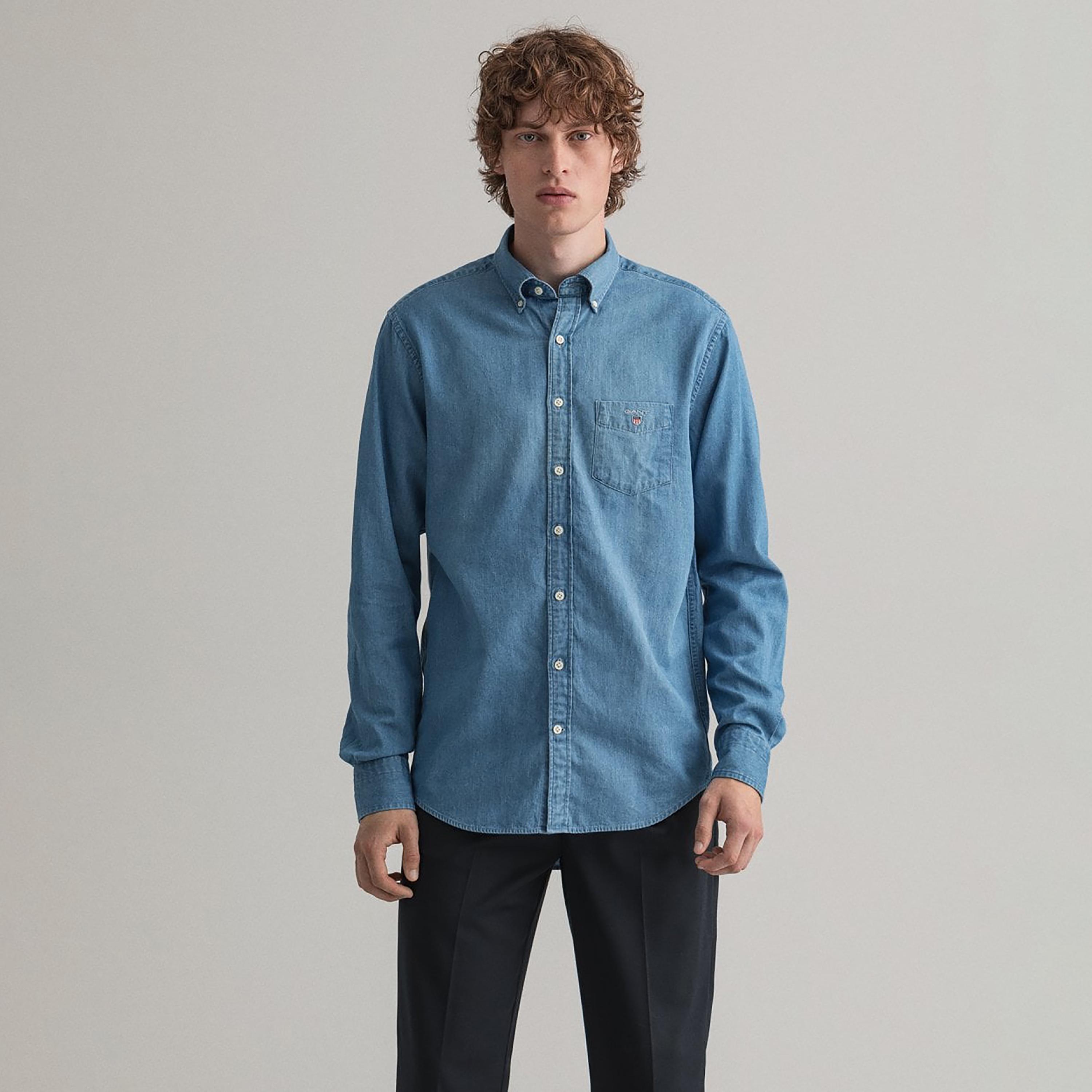 Gant Plain Regular Fit Long Sleeves Denim Button-Down Collar Men's Shirt-men-clothing-shirts-image-1
