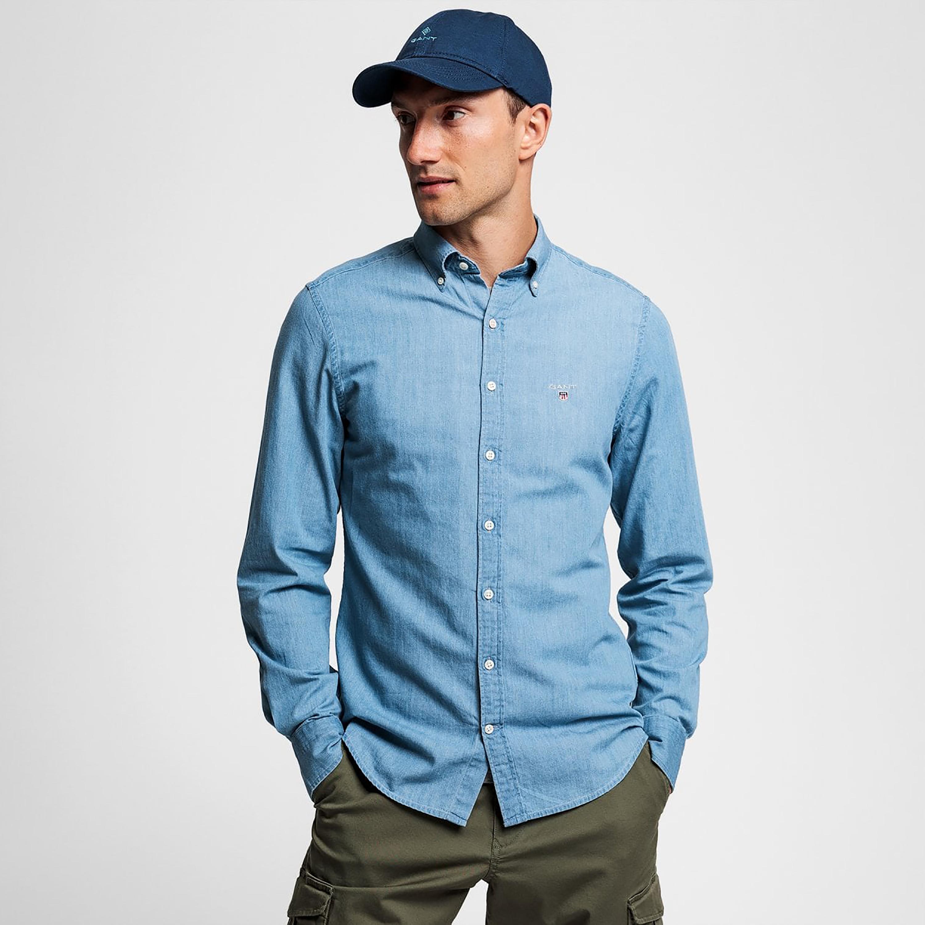 قميص دينم بأكمام طويلة وياقة بأزرار سفلية وشعار جانت مع جيب رقعة-men-clothing-shirts-image-1
