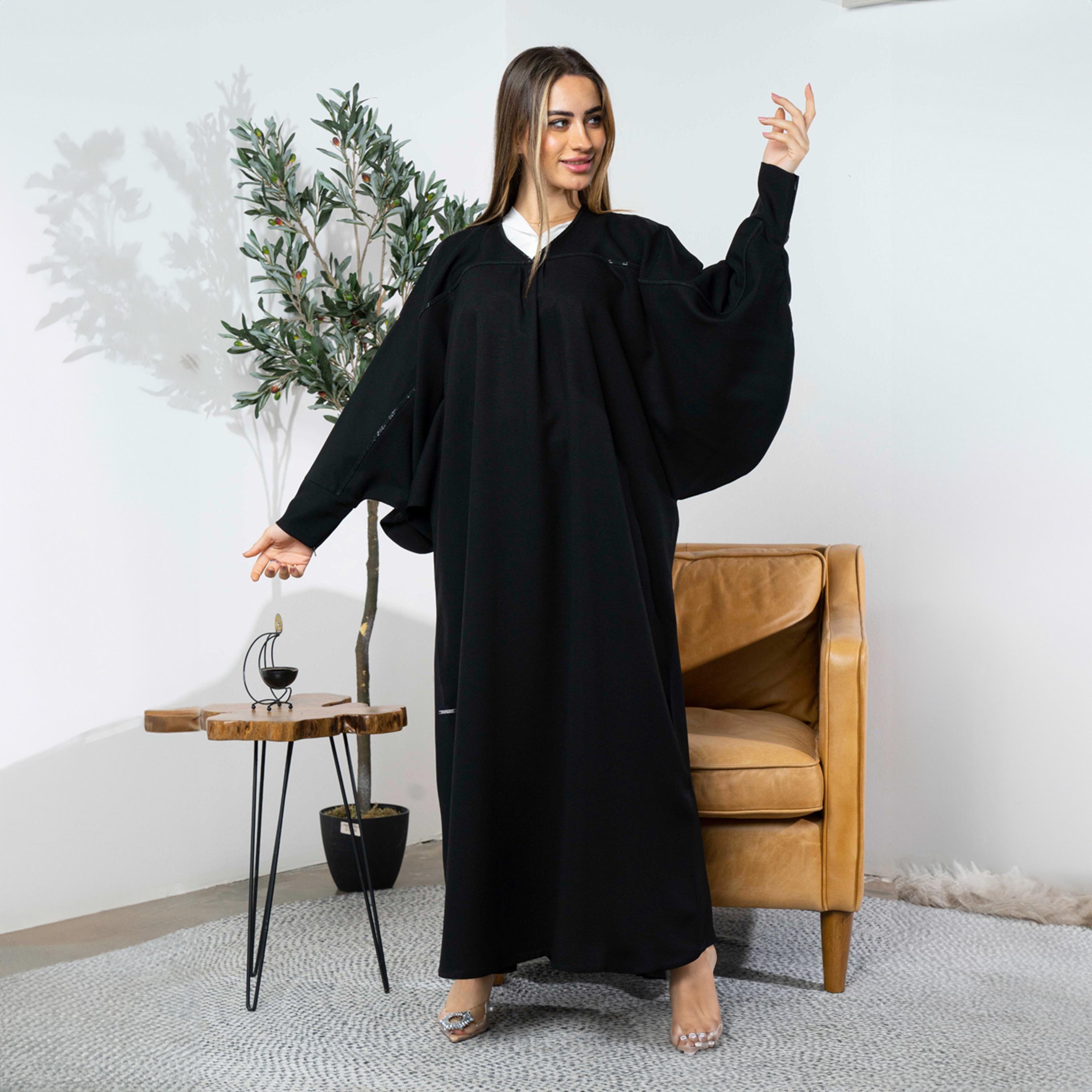 Ramshaa Plain V-Neck Abaya with Embroidery Detail-women-arabicclothing-abayas-image-2