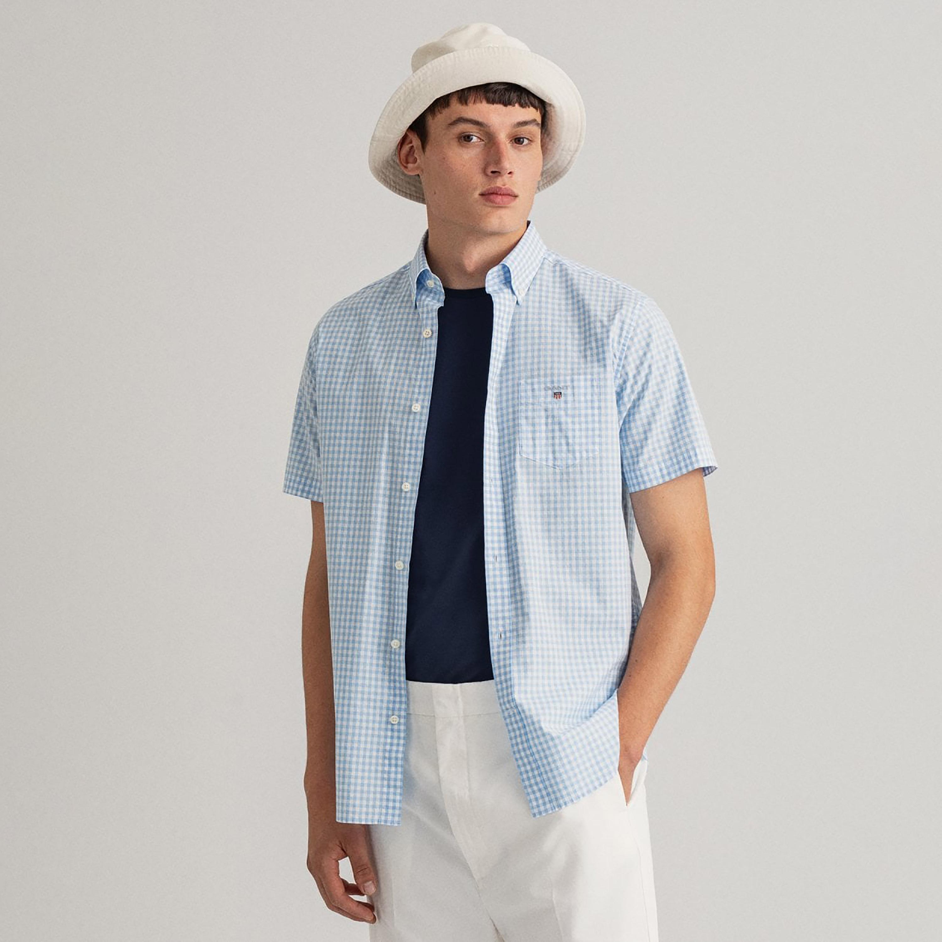 Gant Gingham Checked Button Down Collar Short Sleeves Shirt with Patch Pocket-men-clothing-shirts-image-1