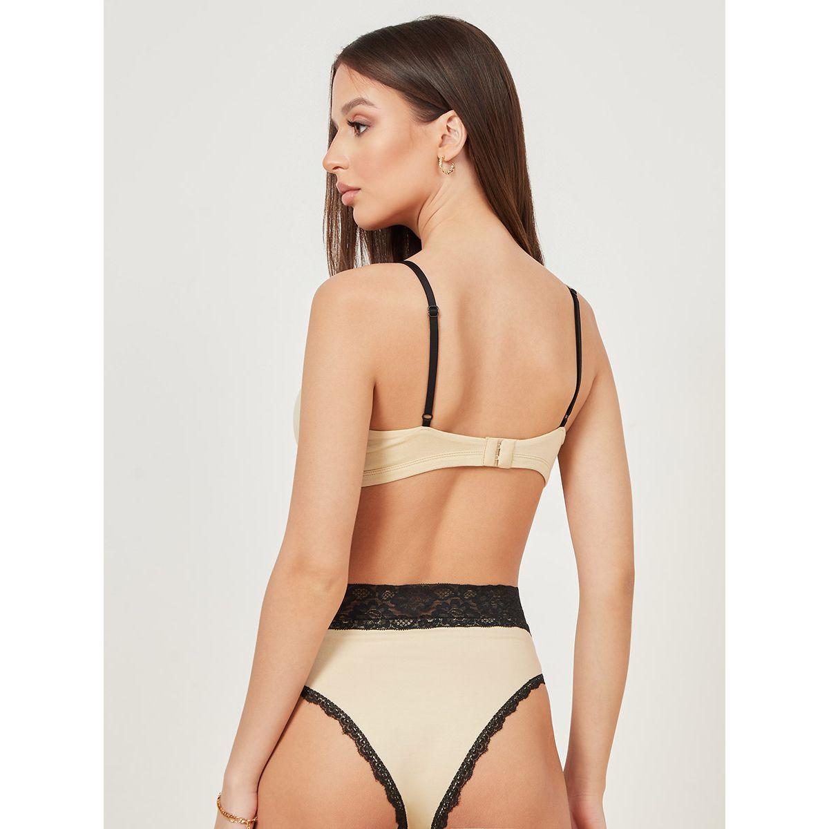 Styli Padded Non Wired Cotton Plunge Contrast Lace Neck Bralette and Bikini Set-women-clothing-lingerie-lingeriesets-image-2