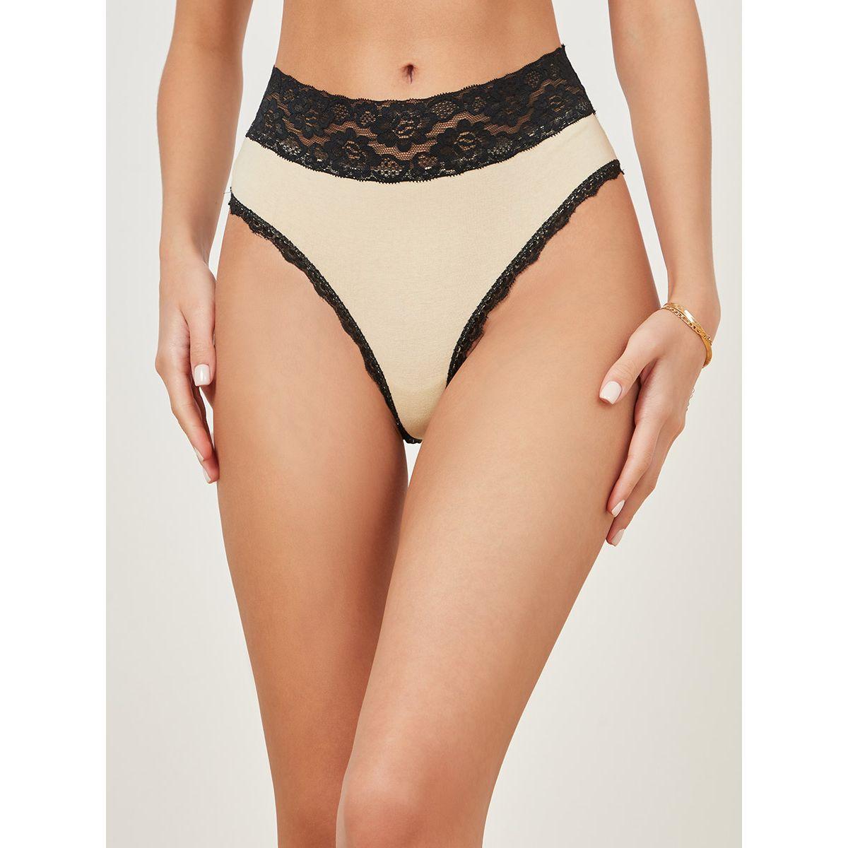 Styli Padded Non Wired Cotton Plunge Contrast Lace Neck Bralette and Bikini Set-women-clothing-lingerie-lingeriesets-image-3