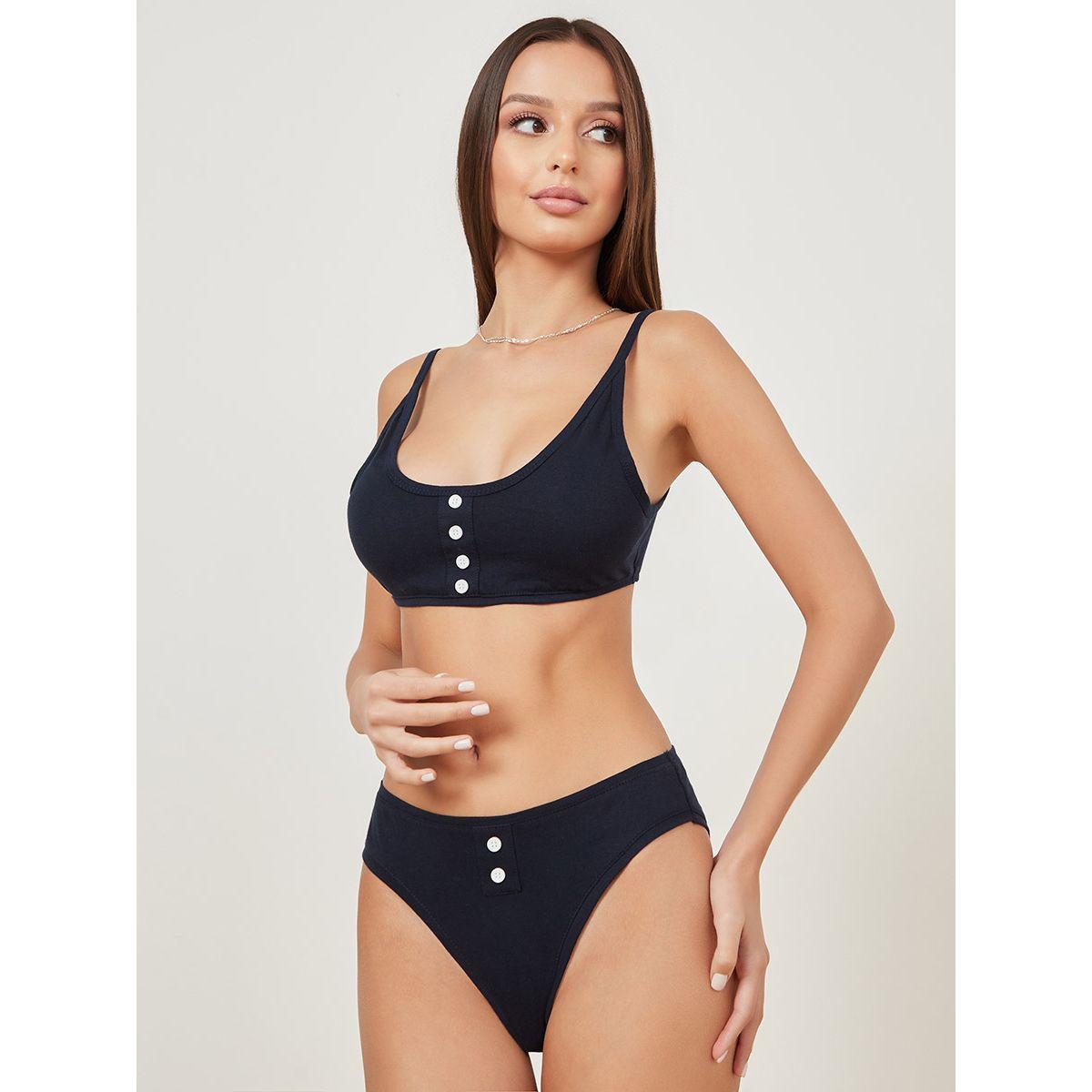Styli Padded Non Wired Button Detail Cotton Slip On Bralette and Bikini Set-women-clothing-lingerie-lingeriesets-image-2