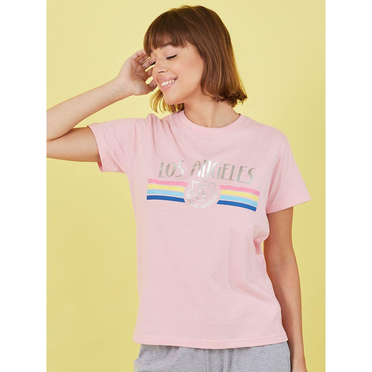 Styli Los Angeles Foil Print Cotton T-shirt and Solid Pyjama Set -women-clothing-nightwear-pyjamas-longsets-image-2