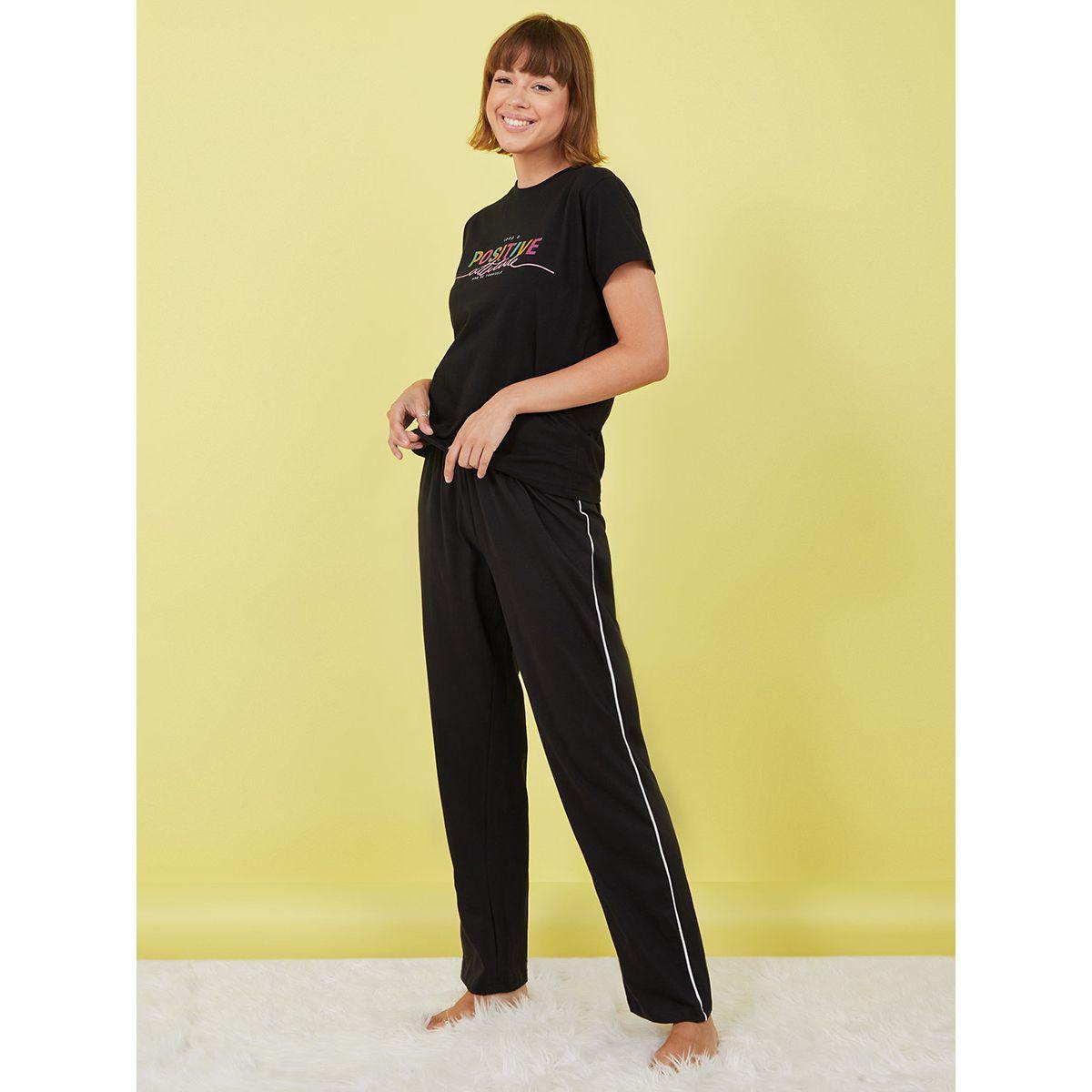 Styli Holographic Slogan Print Cotton T-shirt and Side Striped Pyjama Set-women-clothing-nightwear-pyjamas-longsets-image-1