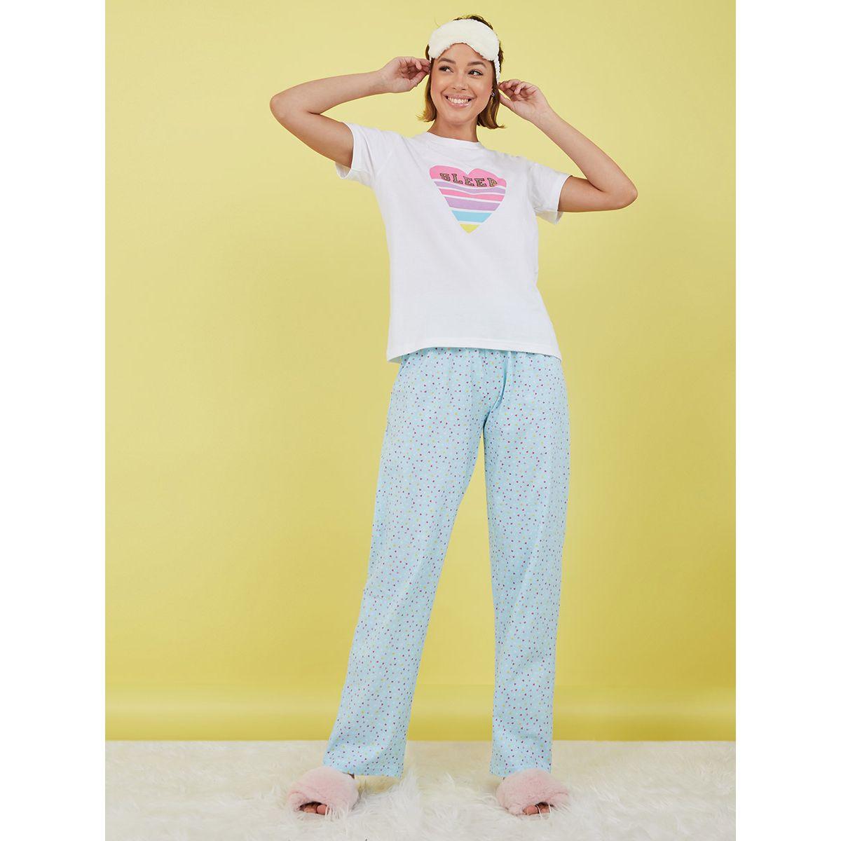 Styli Cotton Seep Slogan Heart Graphic Print Foil T-shirt and Heart AOP Pyjama Set-women-clothing-nightwear-pyjamas-longsets-image-2