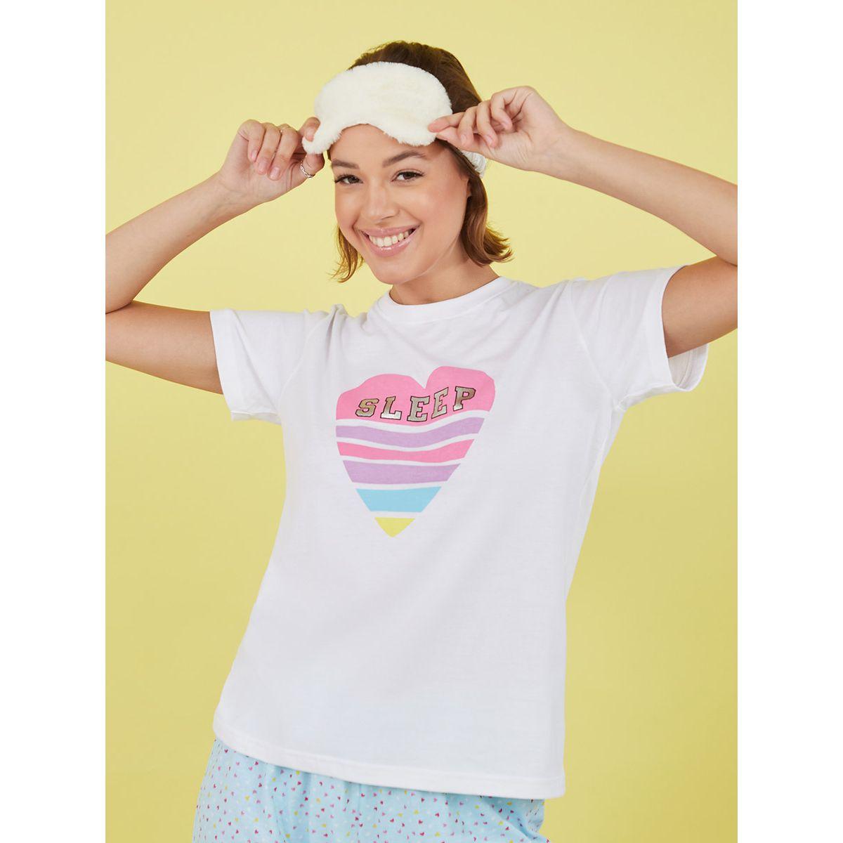 Styli Cotton Seep Slogan Heart Graphic Print Foil T-shirt and Heart AOP Pyjama Set-women-clothing-nightwear-pyjamas-longsets-image-3