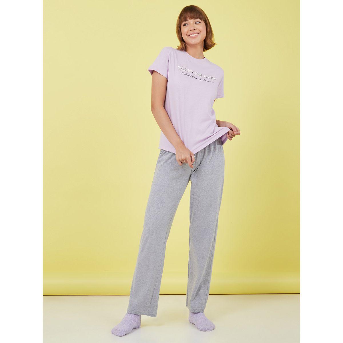 Styli Cotton Sorry I'm Late Slogan T-shirt and Solid Pyjama Set-women-clothing-nightwear-pyjamas-longsets-image-1