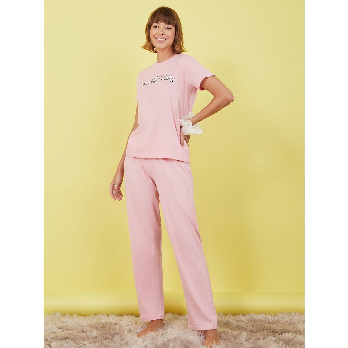 Styli Cotton Sleepy Time Slogan T-shirt and Solid Pyjama Set-women-clothing-nightwear-pyjamas-longsets-image-2