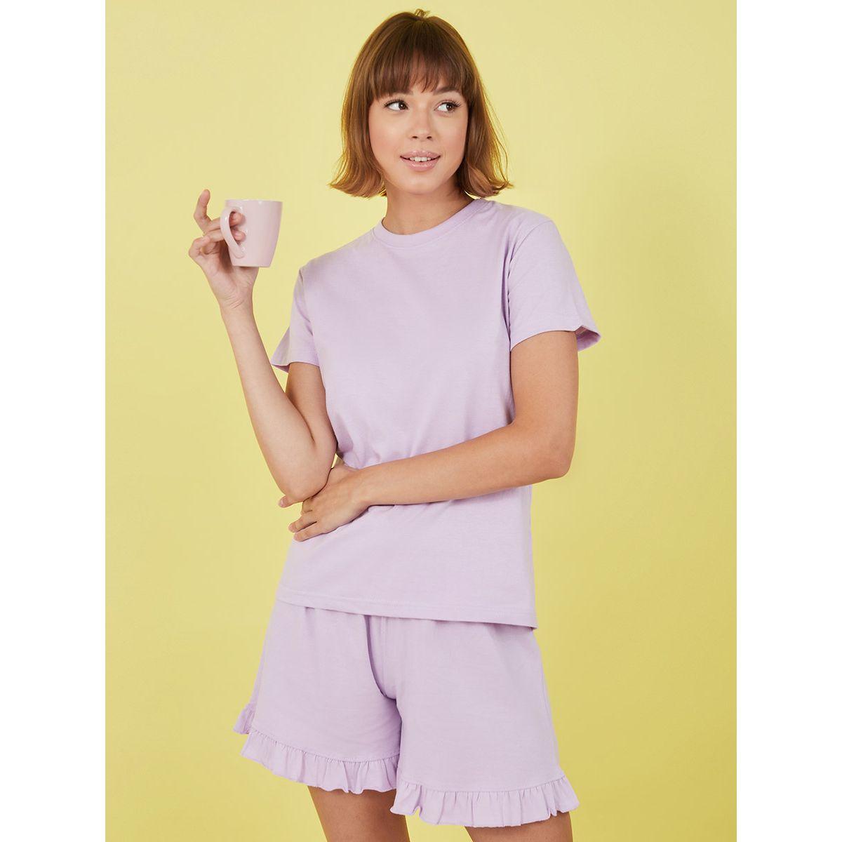 Styli Cotton Solid T-shirt and Ruffle Hem Short Set-women-clothing-nightwear-pyjamas-shortsets-image-1