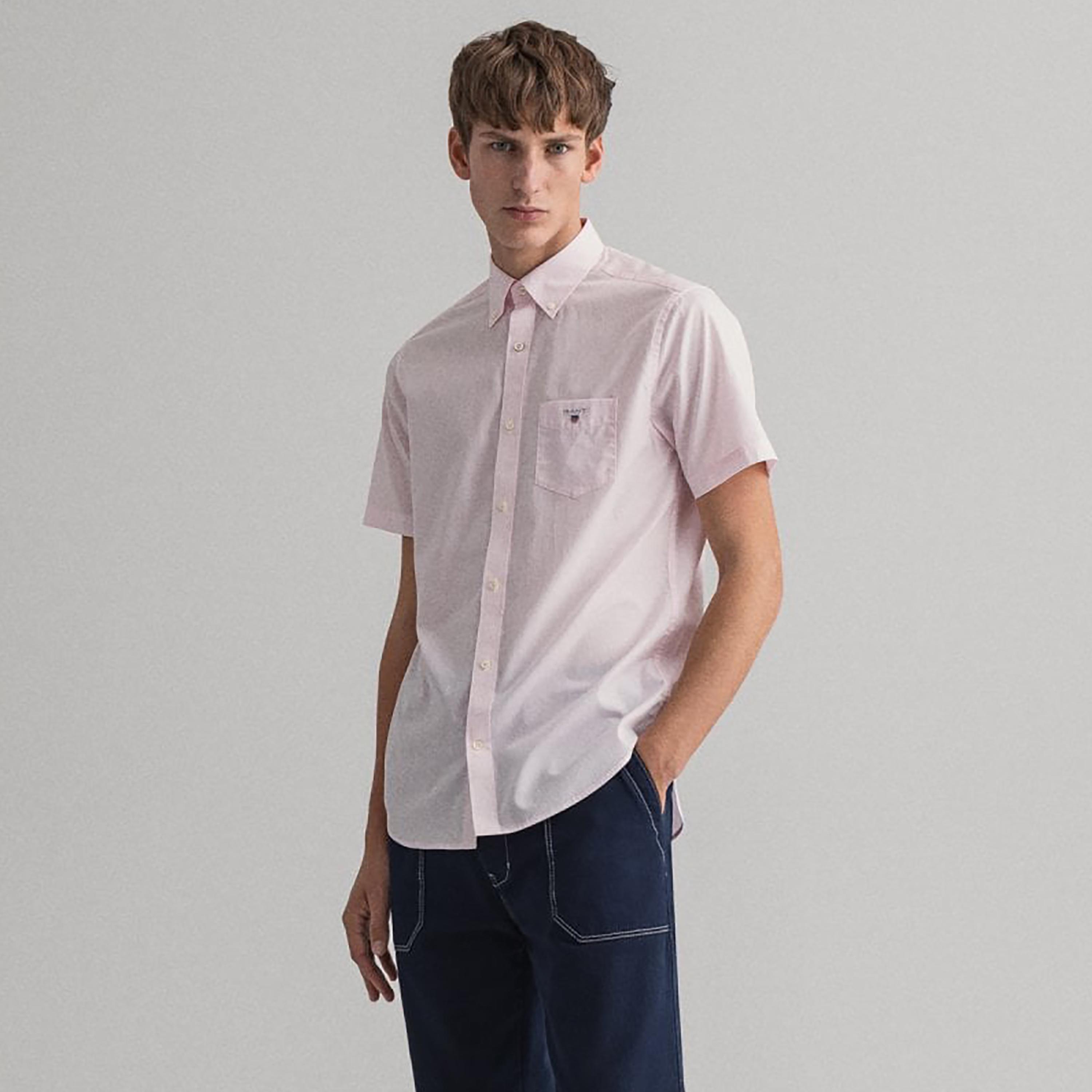 قميص من جانت بانكر مخطط بأكمام قصيرة وياقة بأزرار سفلية وجيب رقعة-men-clothing-shirts-image-1