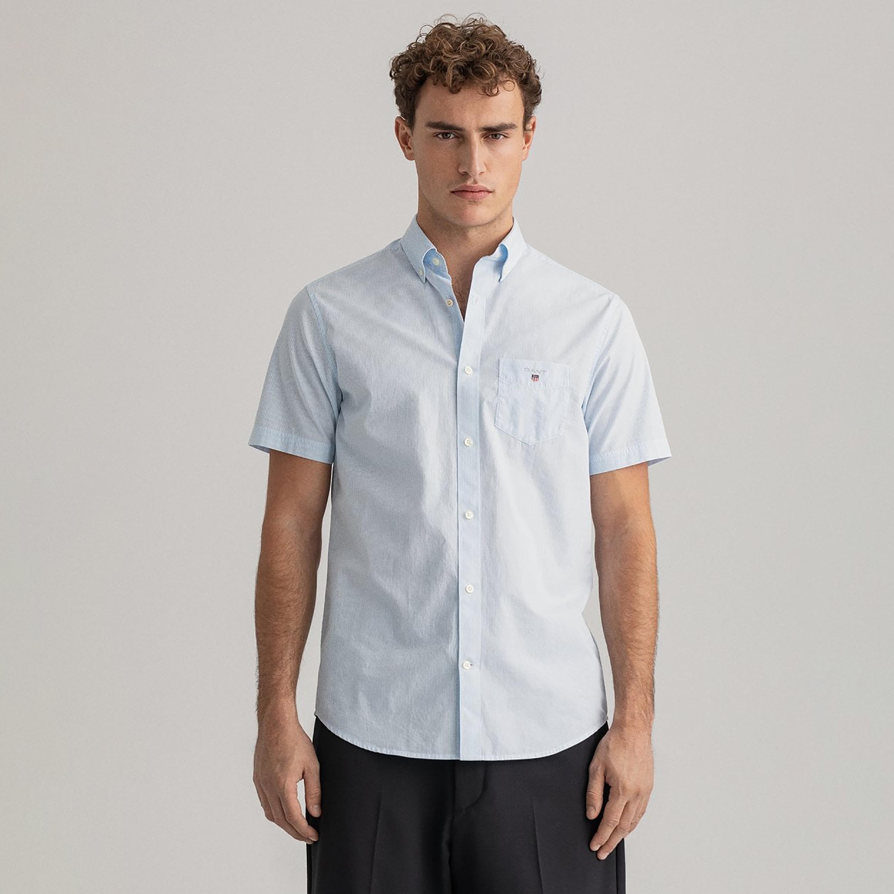 Gant Banker Striped Button Down Collar Short Sleeves Shirt with Patch Pocket-men-clothing-shirts-image-1